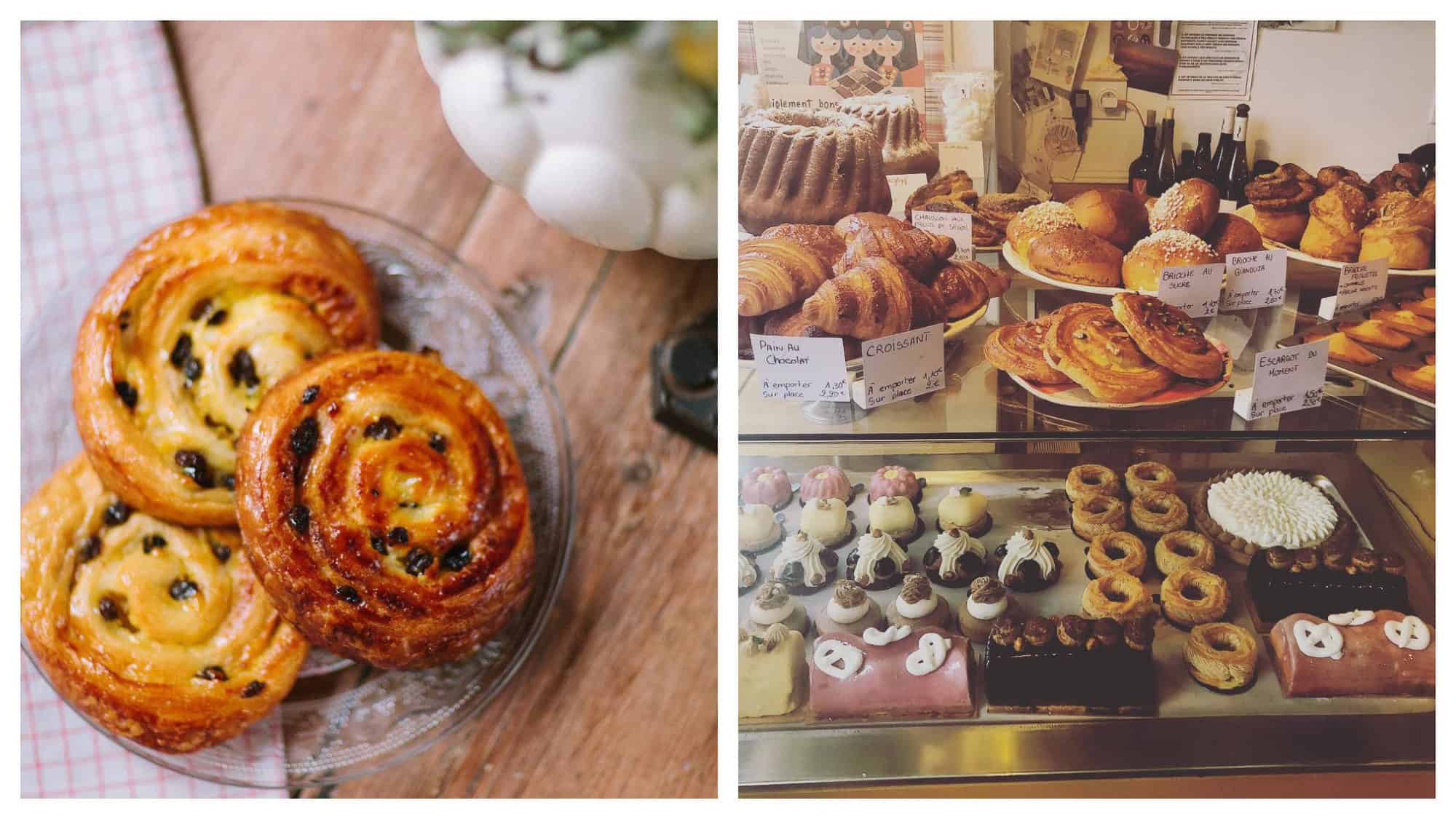 La Bossue café in Paris also sells delicious pain aux raisins (left). The window filled with cakes at La Mirabelle café in Paris (right).