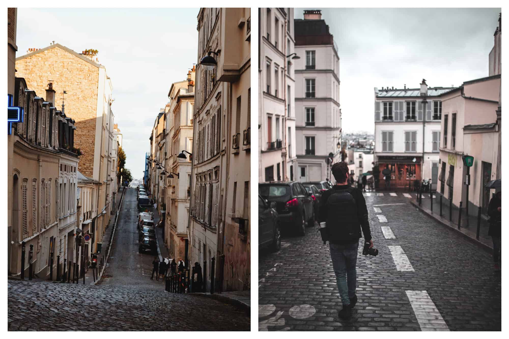A street scene of Montmartre with a scenic curve in the road lined by crooked houses (left) and cobblestone streets of Montmartre with a man seen strolling from the back (right).