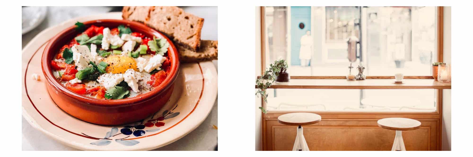 A feta dish in an earthen dish on a hand-painted plate (left) and window seating (right) at Café Pimpim in Montmartre on a Sunday.