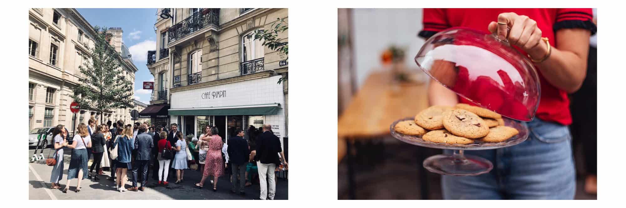 The queue outside Café Pimpim (left) and a woman holding freshly baked biscuits (right).