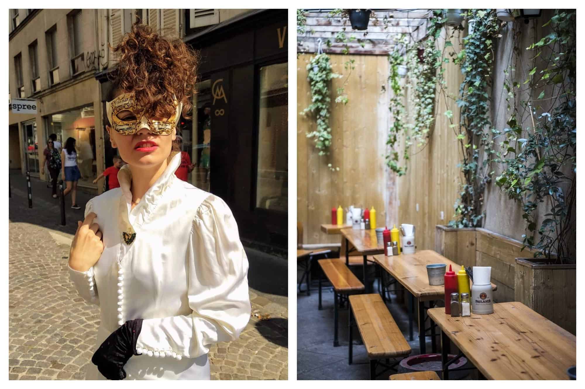 A model wearing a mask and a Victorian style shirt from Chinemachine in Montmartre (left). The wooden tables and benches at Kiez Biergarten, which is open on Sundays in Paris (right).  