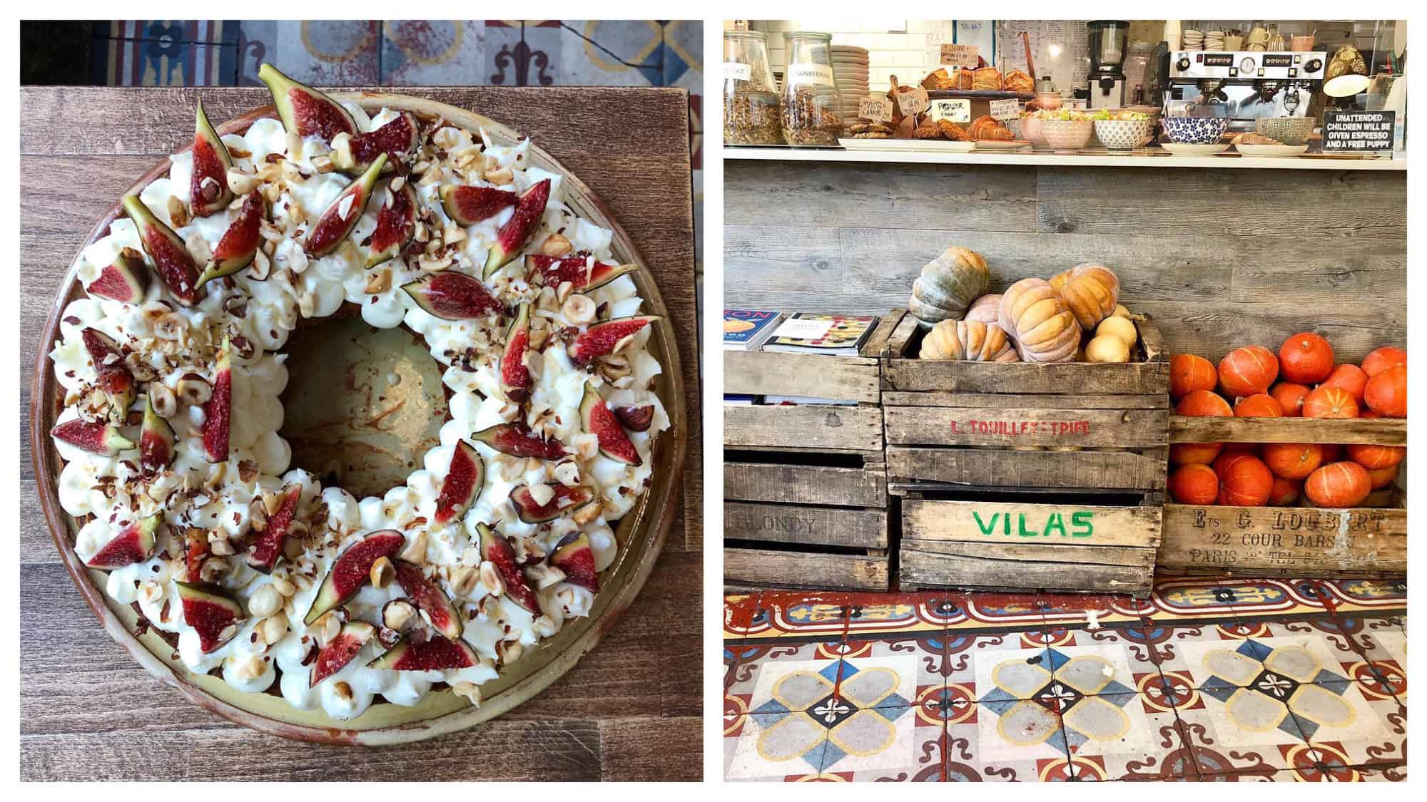 A beautiful Paris-Brest cake with figs (left) and crates of fresh vegetables (right) at Soul Kitchen in Montmartre, Paris.