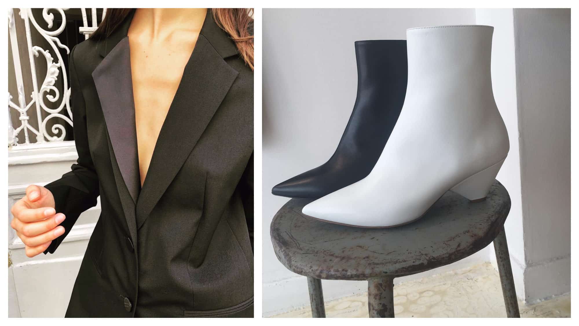 A grey and purple blazer (left) and black and white ankle boots (right) from Spree in Montmartre, which is open on Sundays in Paris.
