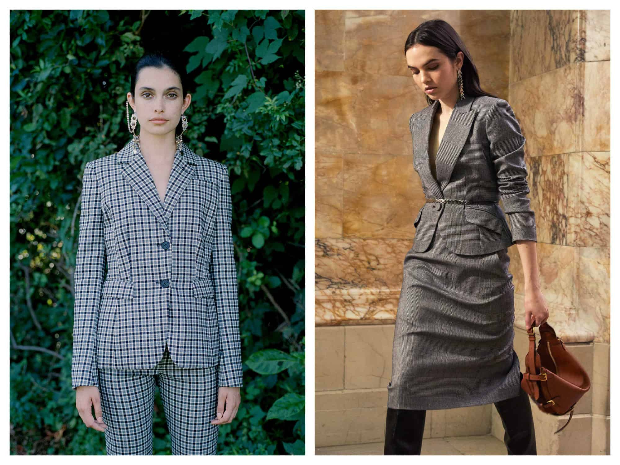 Chequered suits (left) and blazer-and-skirts (right) are this winter's fashion trend from Paris Fashion Week.