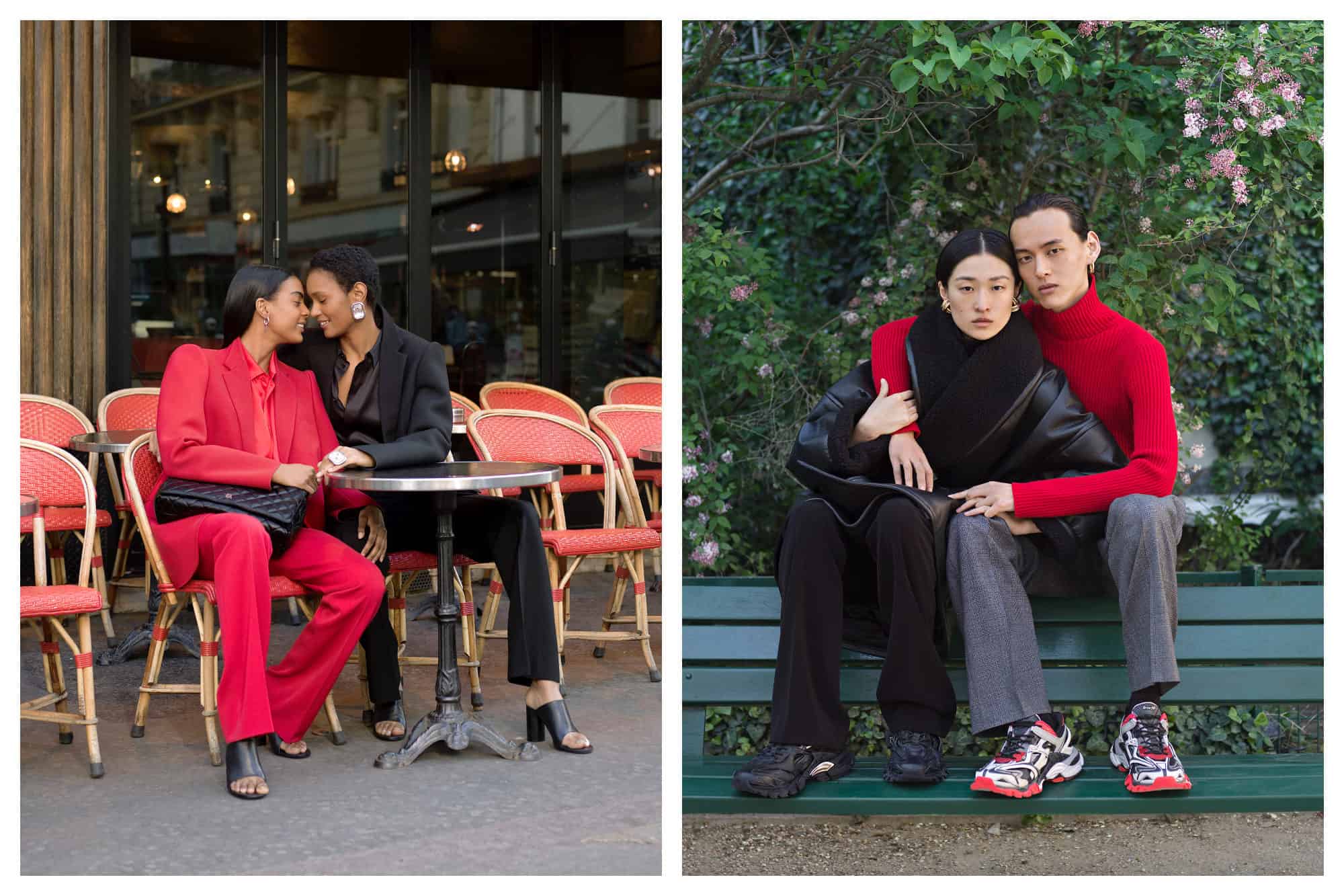Two women at a Parisian bistro wearing red and black suits (left) and a man and woman sat on a bench wearing red and black from Paris Fashion Week by Balenciaga.