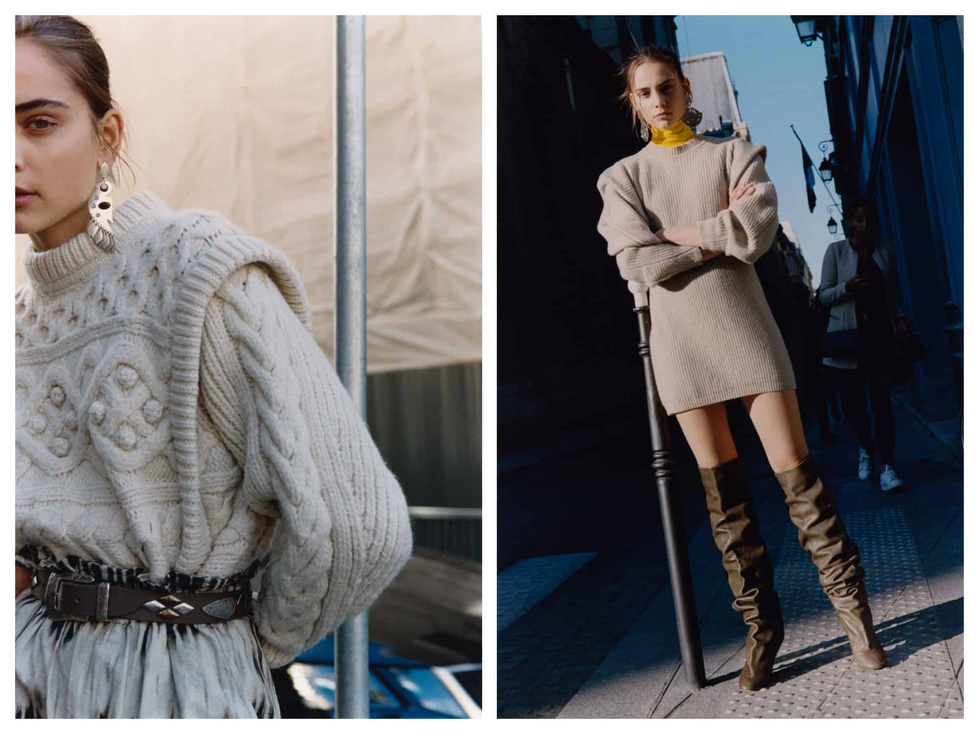 Chunky jumper held in by a belt (left) and maxi-dress with slouchy boots (right) are this winter's fashion looks from Paris.