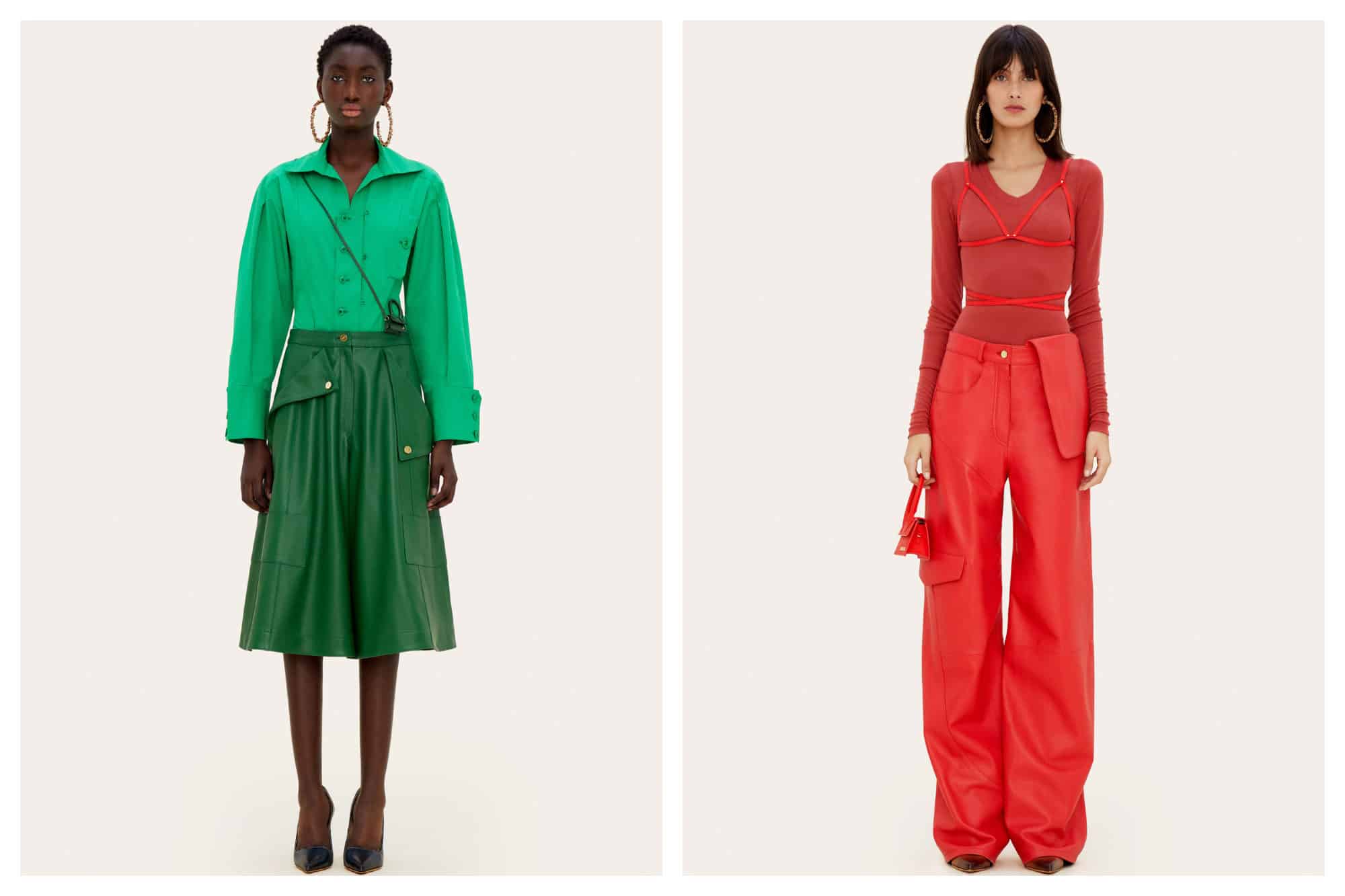 A black woman wearing a bright green blouse and skirt (left). A white woman wearing a bright red top and trousers (right), both by Jacquemus.