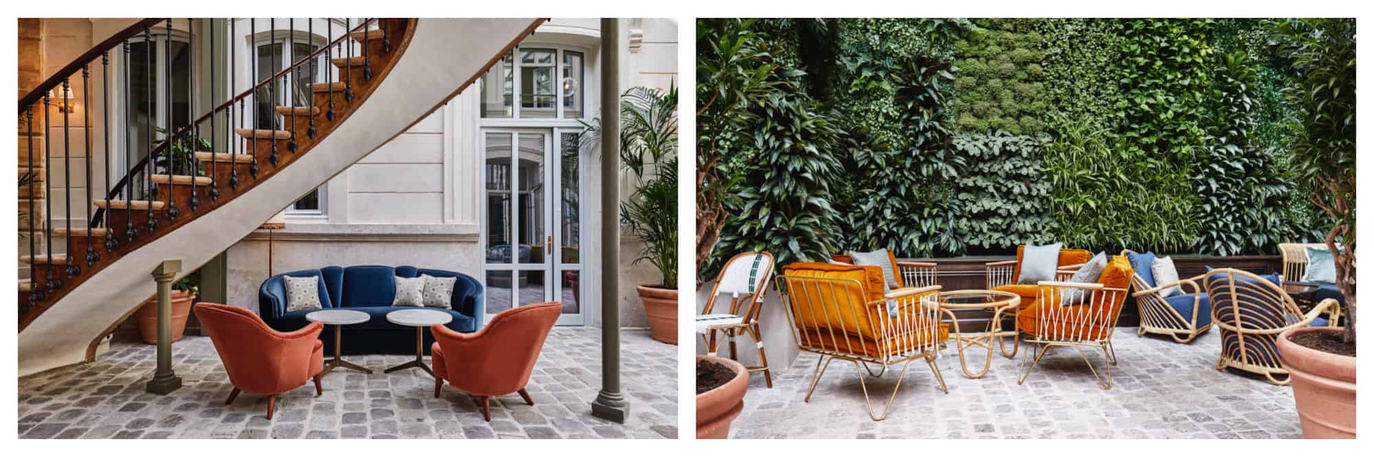 The iconic staircase at the Hoxton Paris Hotel (left) and the green wall at the hotel (right).