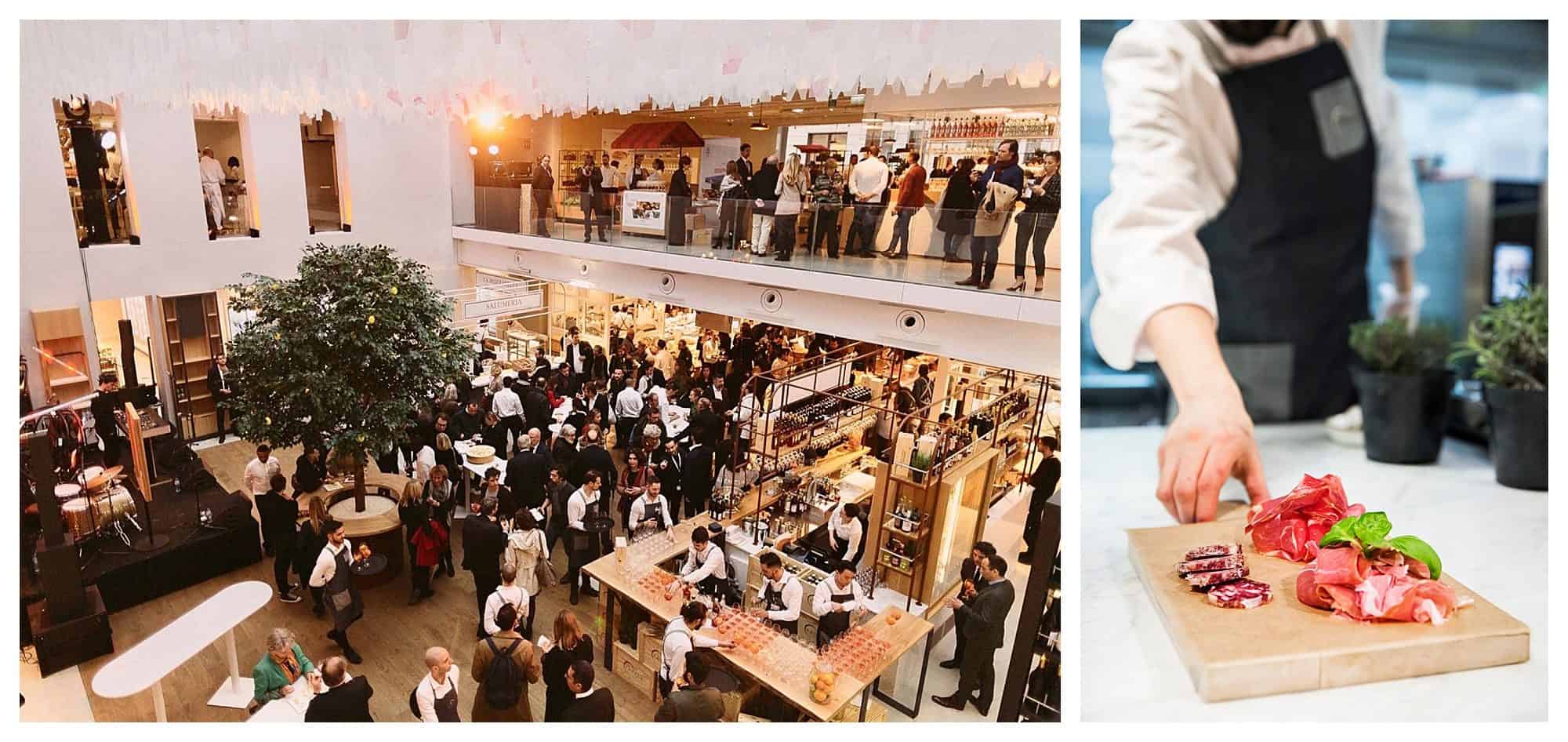 Inside Eataly food court in the Marais in Paris, with people sitting at high tables enjoying the Italian food served here (left). A chef serving cold cuts on a wooden board (right).