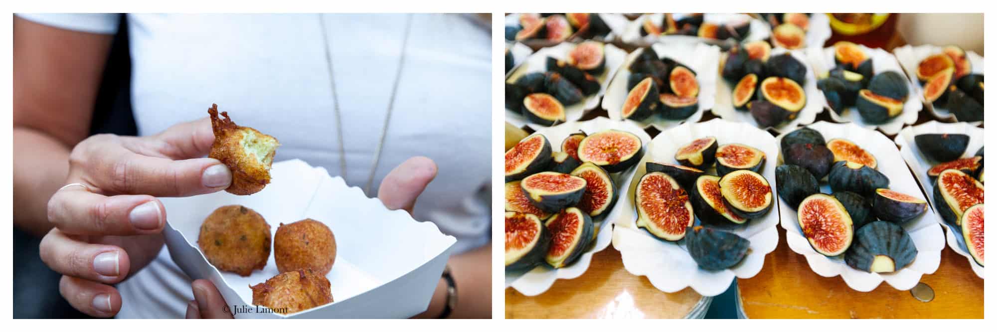 A woman tasting accras (left) and fresh figs (right) and Le Food Market in Paris.