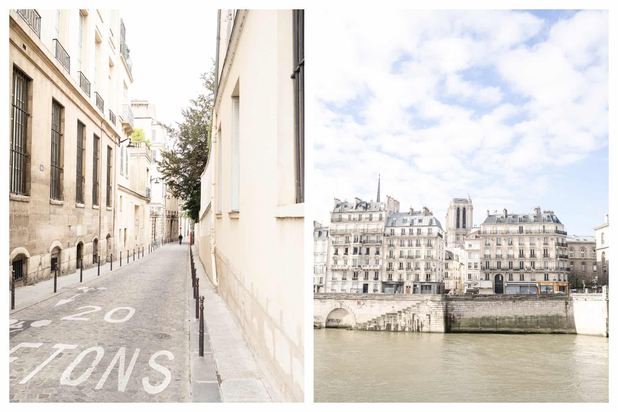 Cobblestone streets of Paris in the Marais (left) and a view of the beautiful stone buildings living the River Seine with Notre Dame peeping out from the top (right).