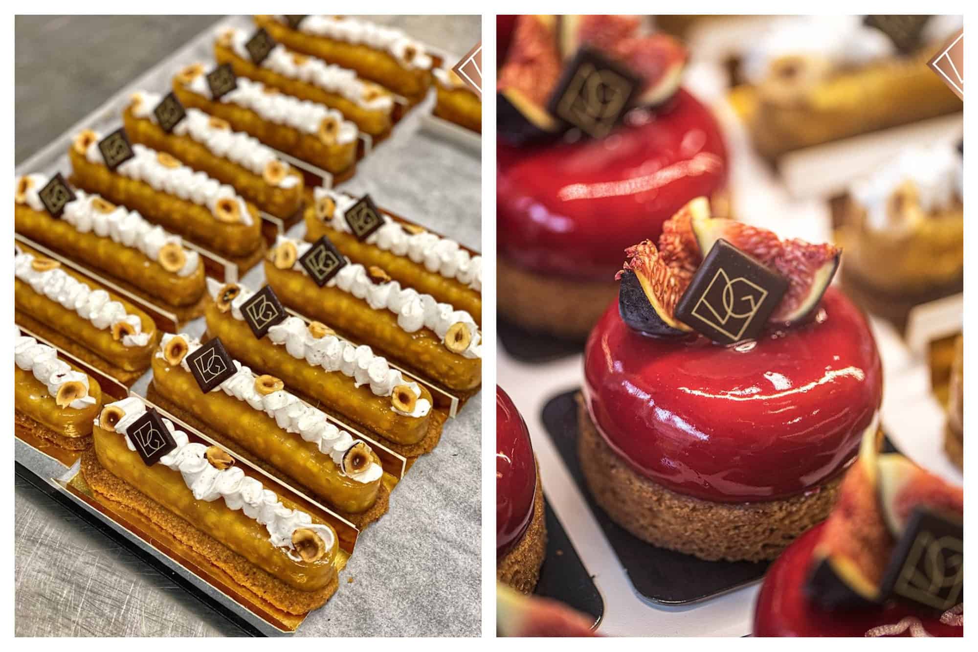 Vegan and gluten-free eclairs with whipped cream (left) and fruity red-glaze fig desserts (right) lined up in rows under the counter of VG Patisserie in Paris.