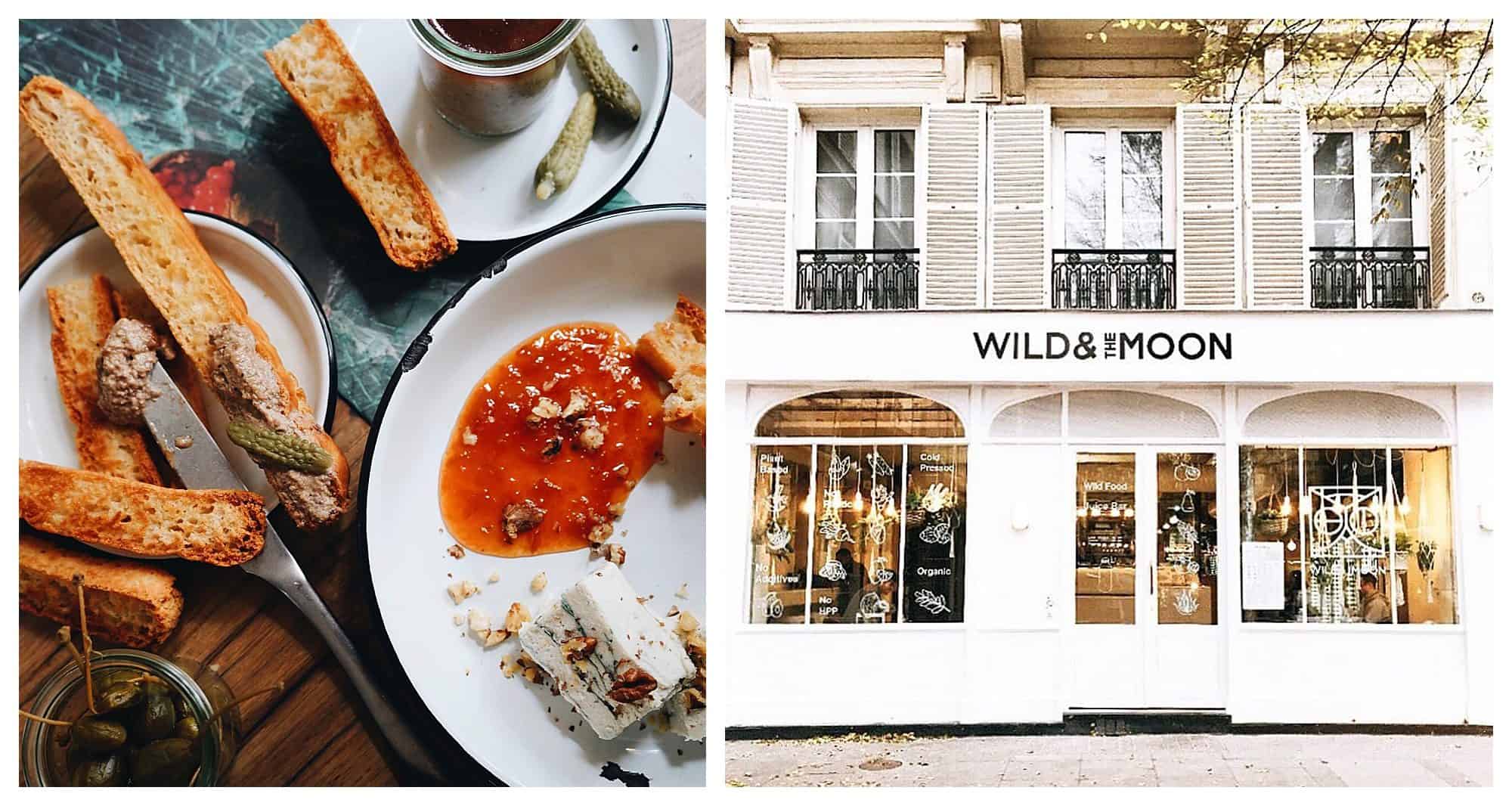 Crusty gluten-free focaccia bread (left) and the white exterior of Wild and the Moon vegan café (right) in Paris.