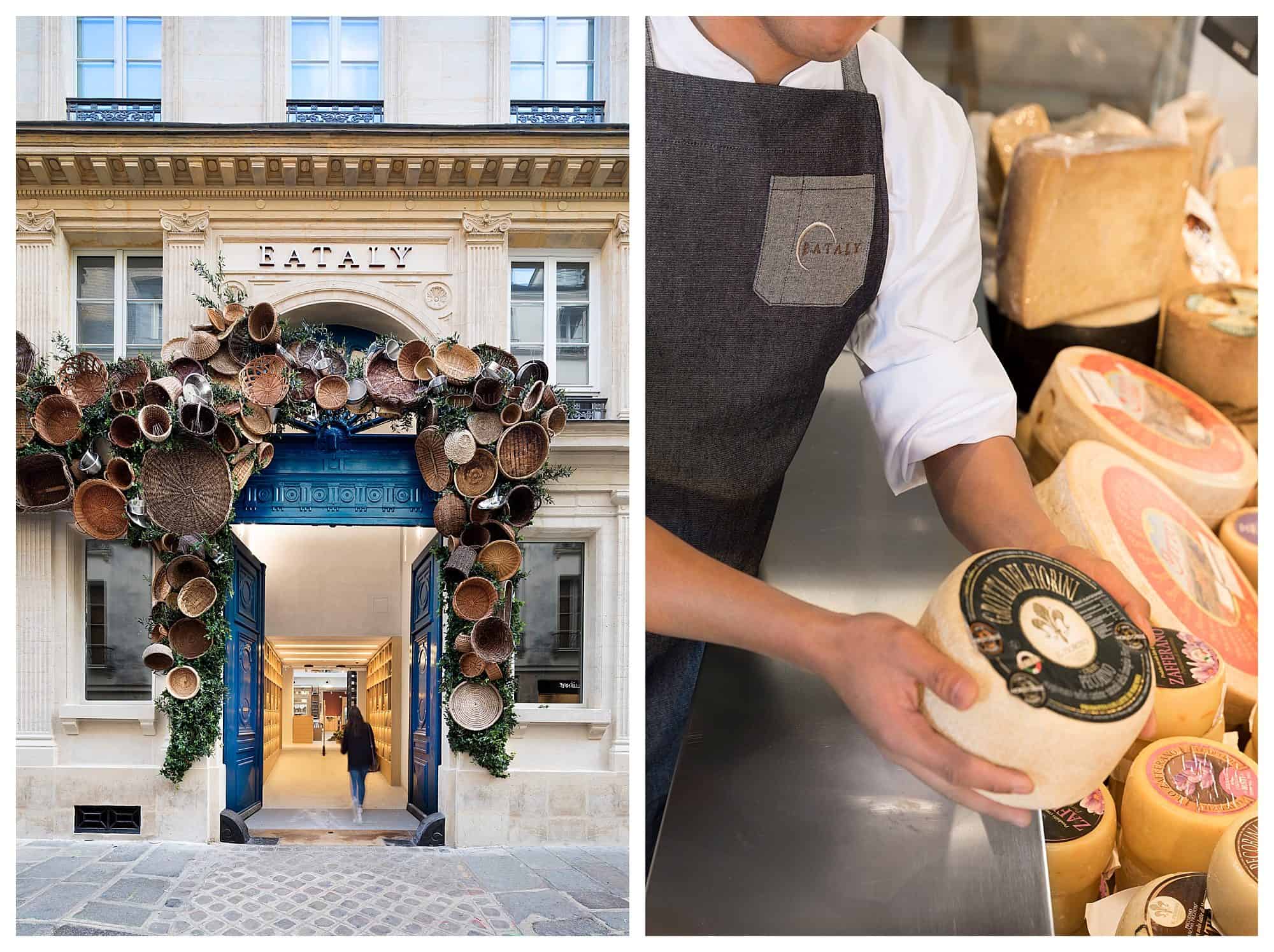 The iconic entrance with huge blue door adorned with seasonal decorations (left) and the cheese stand (right) at Eataly in the Marais.