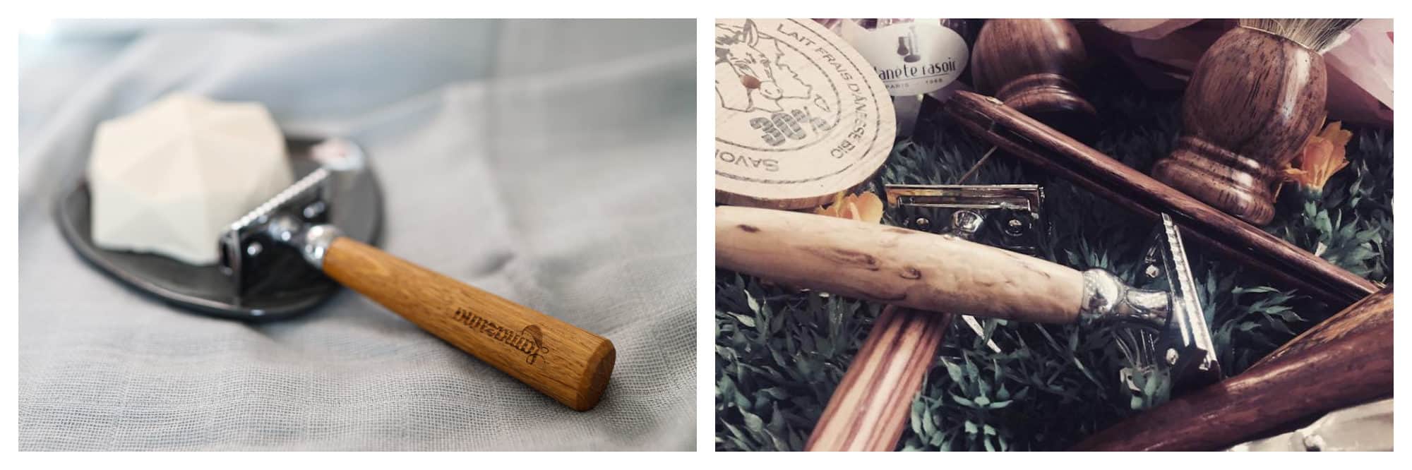 A French brand Lamazuna razor with wooden handle by a block of soap (left) and razors with wooden handles from Planète Rasoir (right).