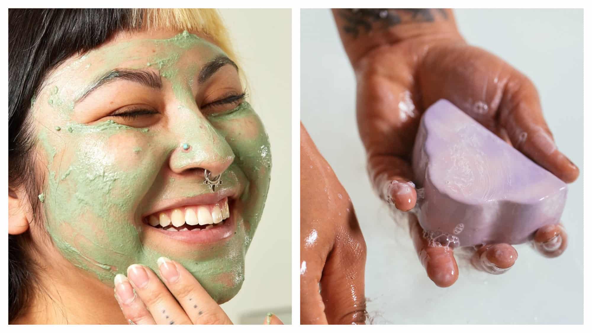 A Lush face mask applied to an Asian woman's smiling face with pearcings (left). A man holding a bar of pink Lush soap (right). 