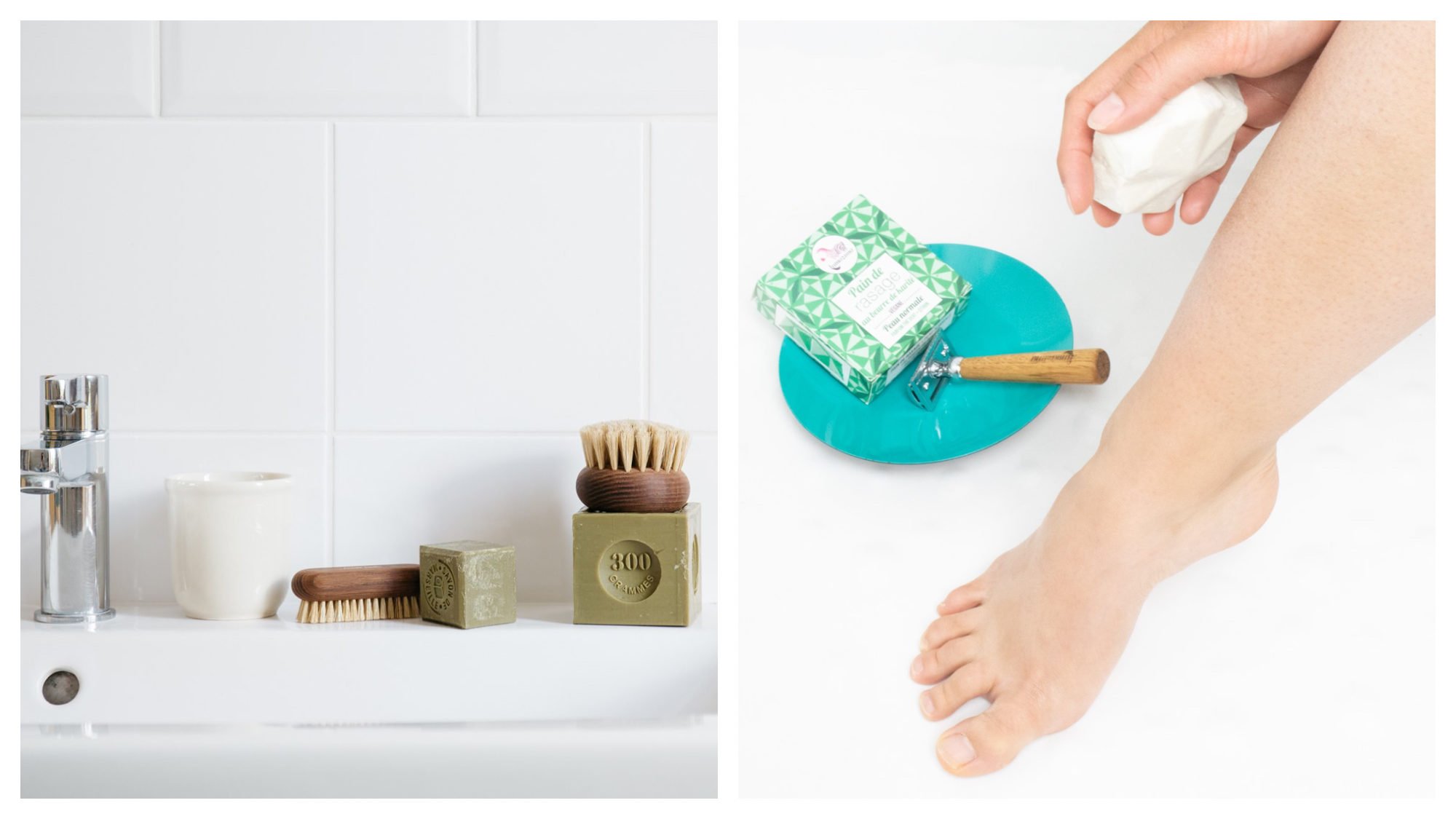Olive Savon de Marseille block of soap and wooden bristle brushes in a white bathroom by Andrée Jardin (left). A woman's foot next to a Rasoir de Sureté razor with wooden handle (right).