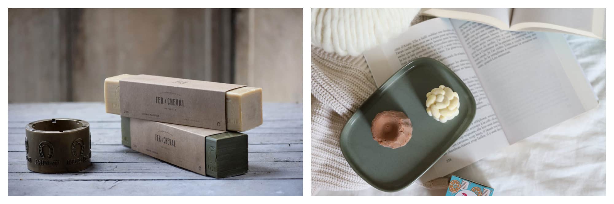 Luxury bars of soap from French brand Fer à Cheval (left) and solid shampoo and body cream by Lamazuna in Paris 'right).