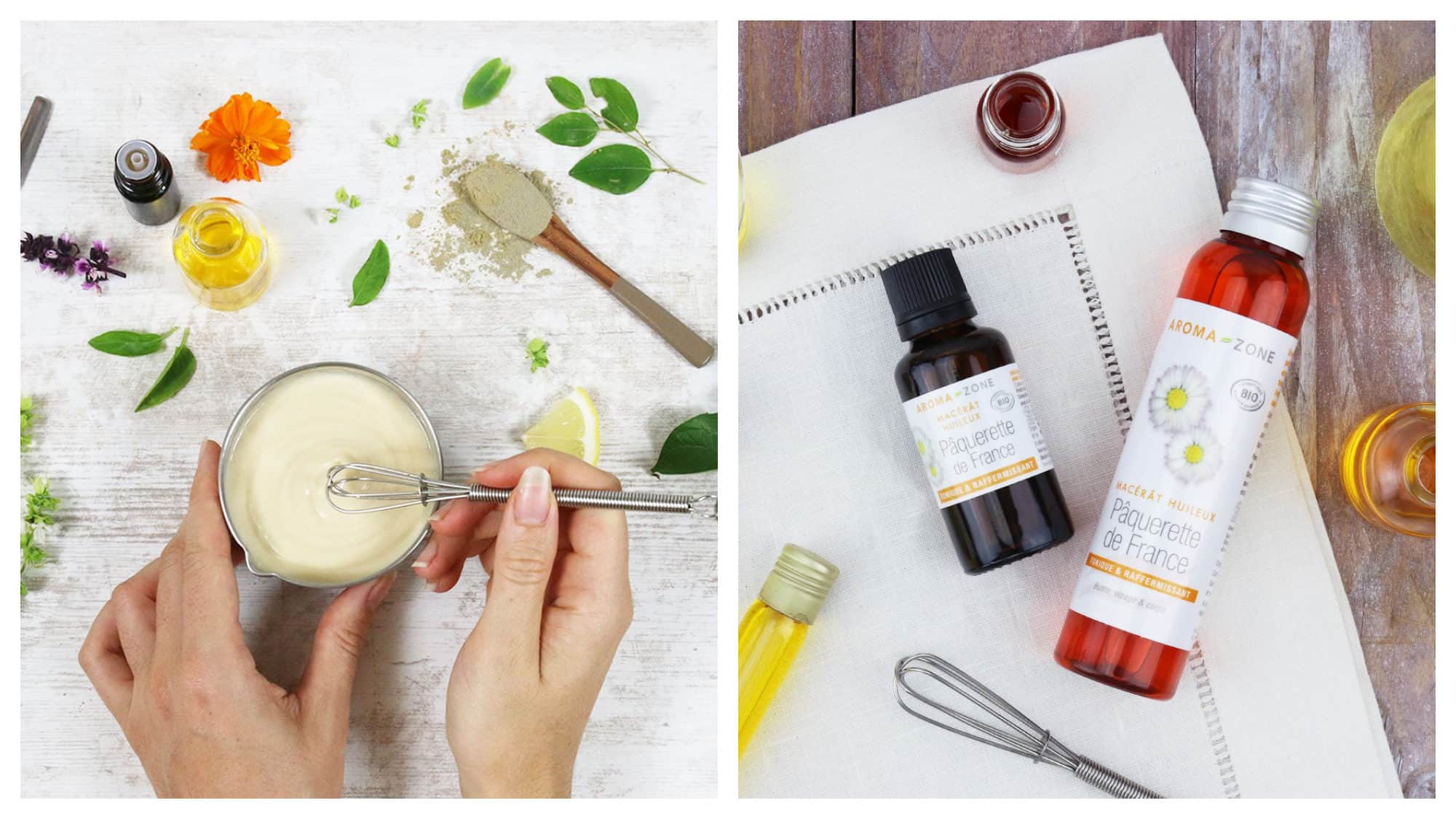 Parisian organic beauty store Aroma Zone's DIY products being mixed by a woman (left) and bottles of oils and ointments laid out on a wooden table (right).