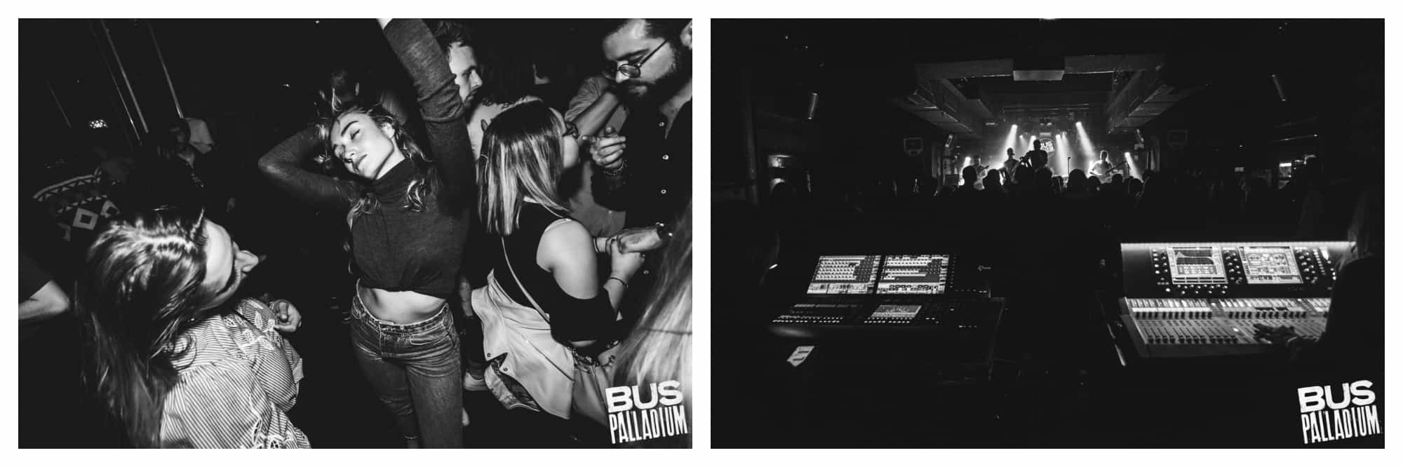 A black and white image of a woman dancing with her eyes closed, arms raised in a night club (left). A black and white image of the sound boot at a night club (right).