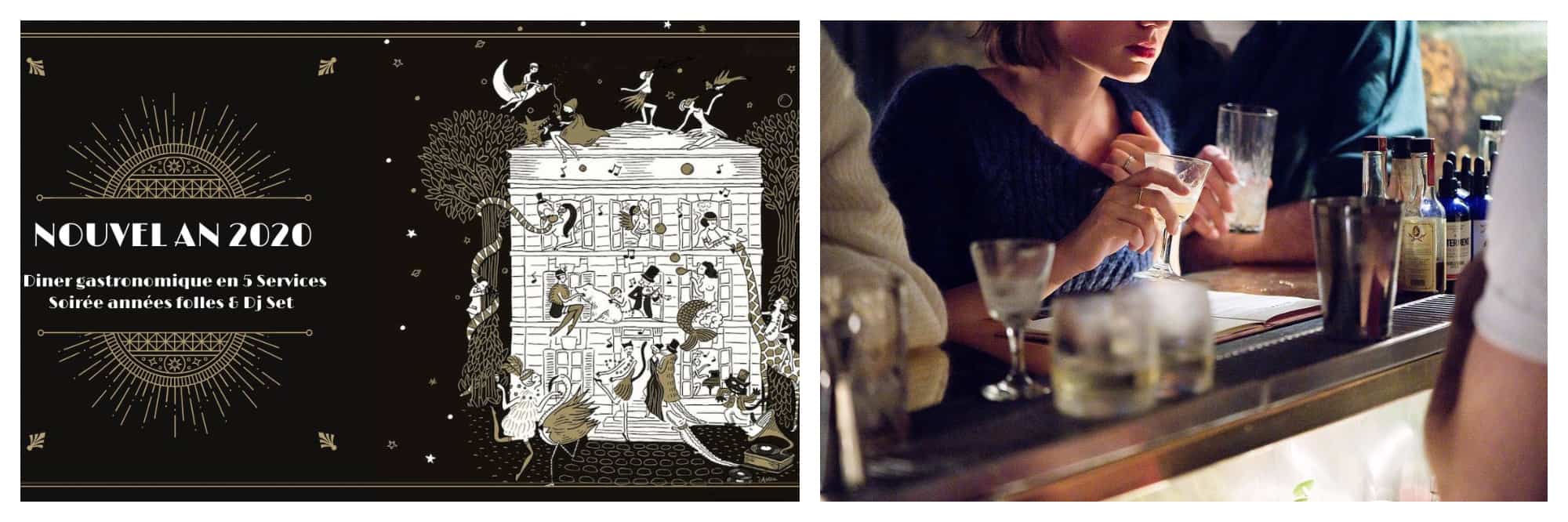 A promotional poster for the Nouvel An 2020 event at Hotel Particulier (left). A woman ordering a drink at a bar (right).
