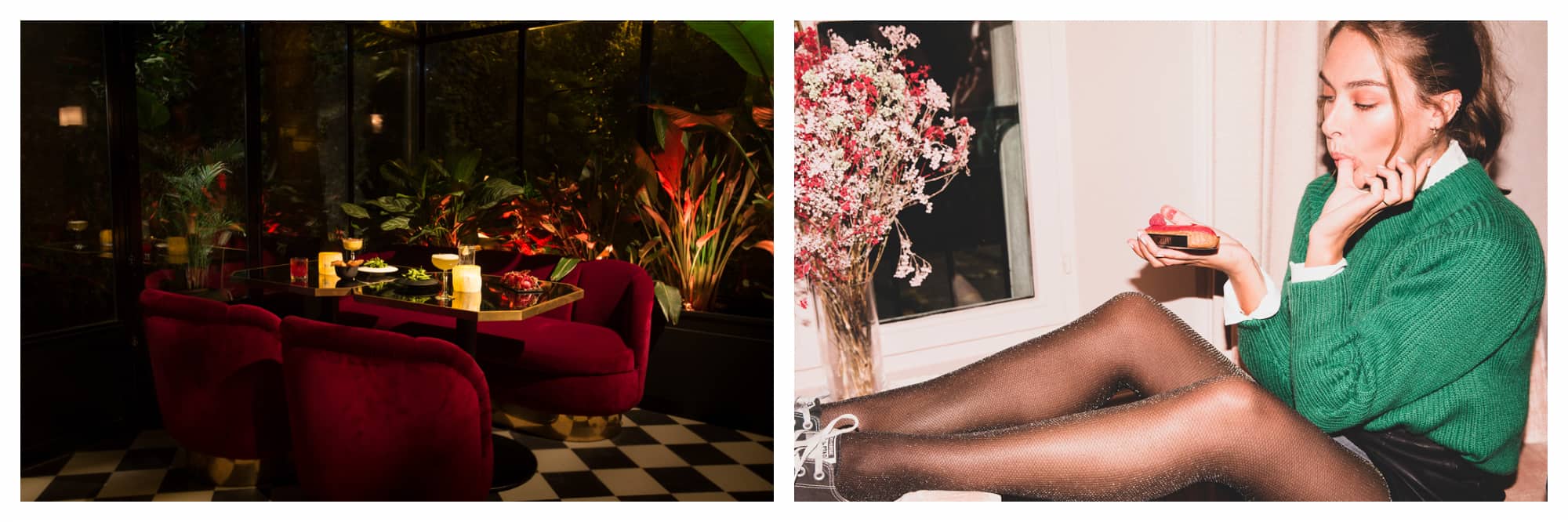 The interior of a conservatory bar at night, red velvet seats, black and white tiled floor, plants outside the glass windows and cocktails on the table (left). A woman with her feet up on a table eating a cake (right).