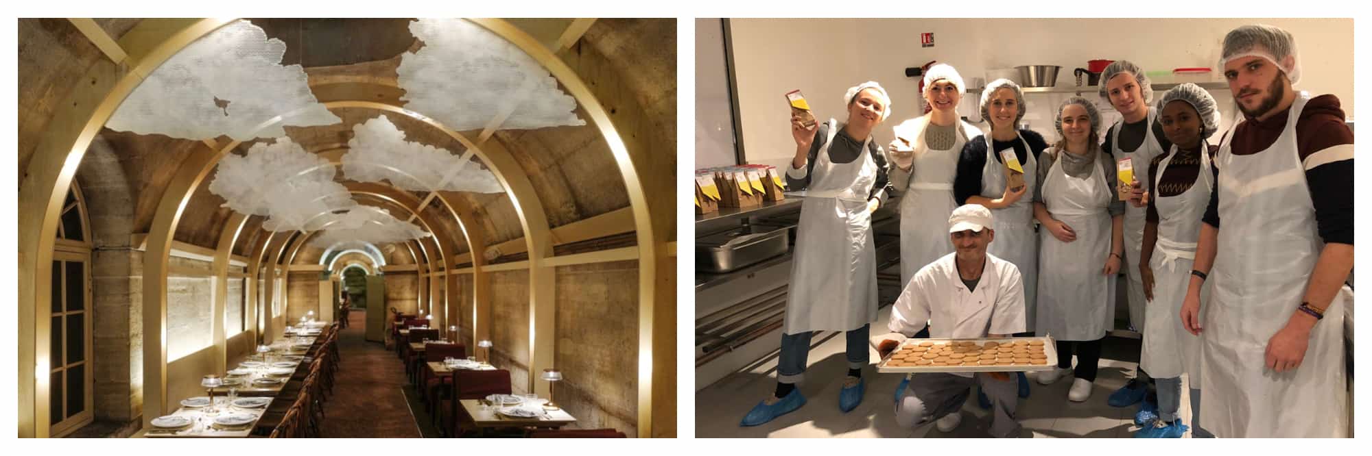 The vaulted interior of a restaurant with floating cloud artworks hanging from the roof (left). A group of people  dressed in chef whites in a kitchen holding a tray of cookies (right).