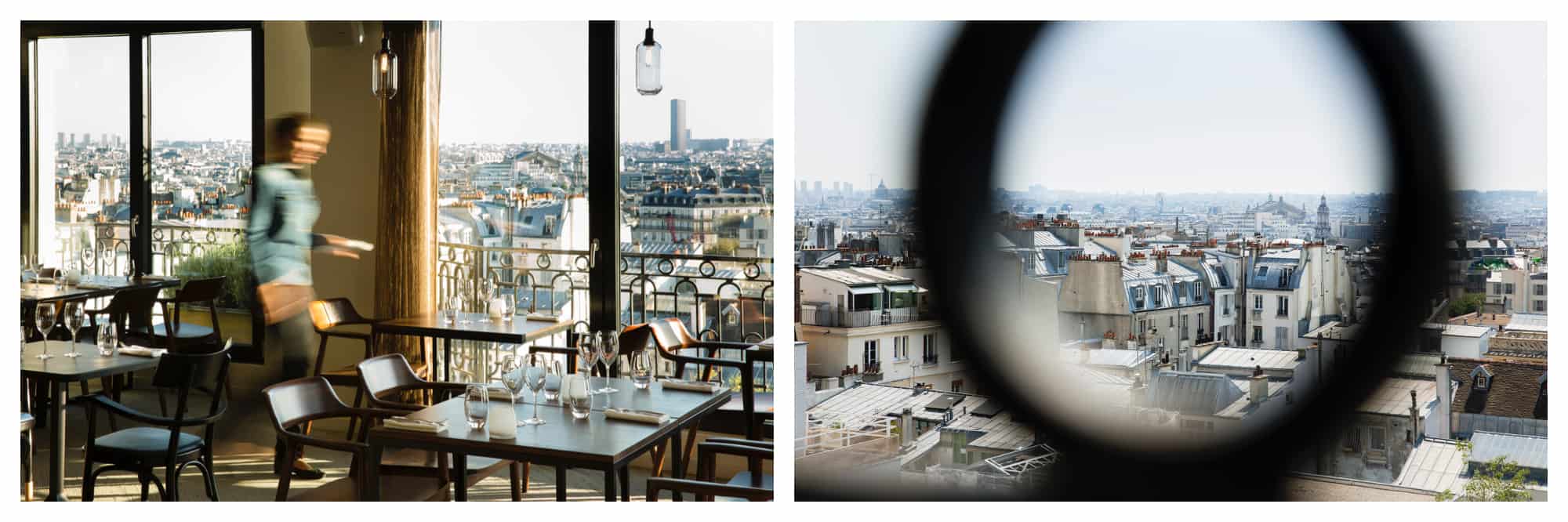 The interior of a restaurant with the blurred figure of a waiter. A view of Paris outside the windows (left). A view of Paris through a wrought iron balcony (right).