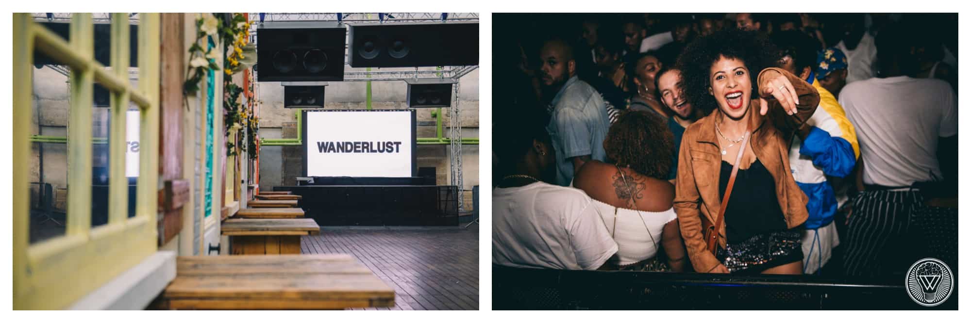 An empty dance floor with a TV screen with the words Wanderlust on it and speakers above (left). A woman pointing at the photographer and smiling on the dance floor of a night club (right).