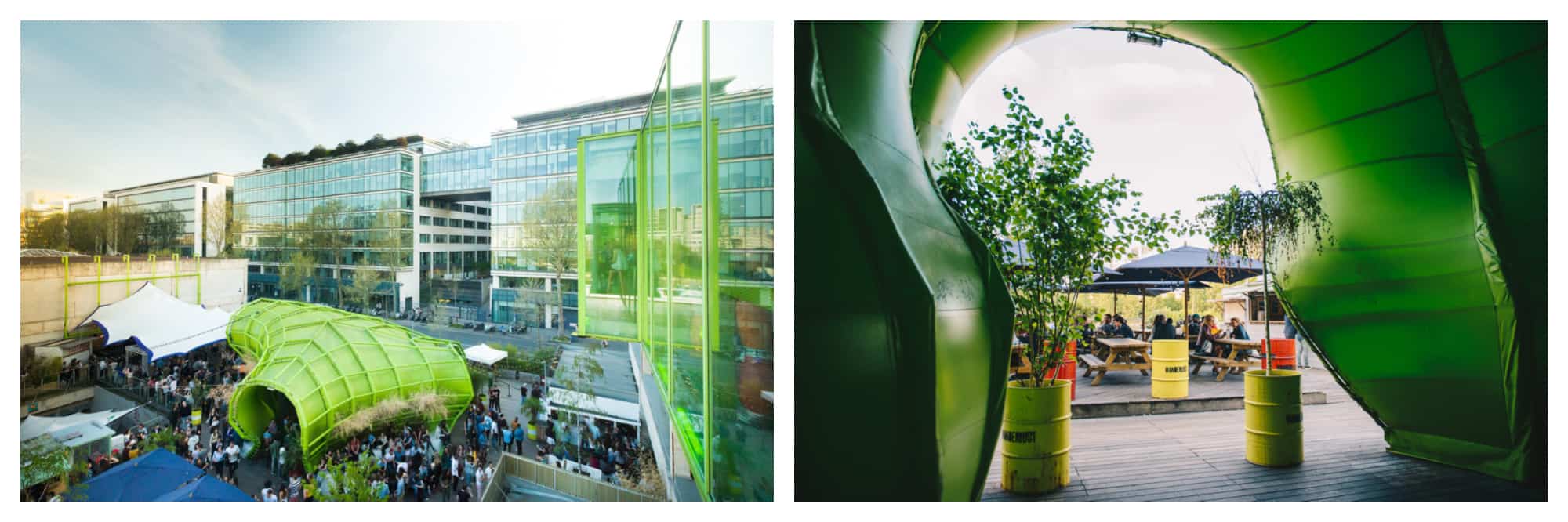 Modern glass buildings and a bright green structure outside on a terrace with people standing (left). Looking through the doorway of a bright green structure with two pot plants either side to a terrace with people sitting down at tables with umbrellas (right).