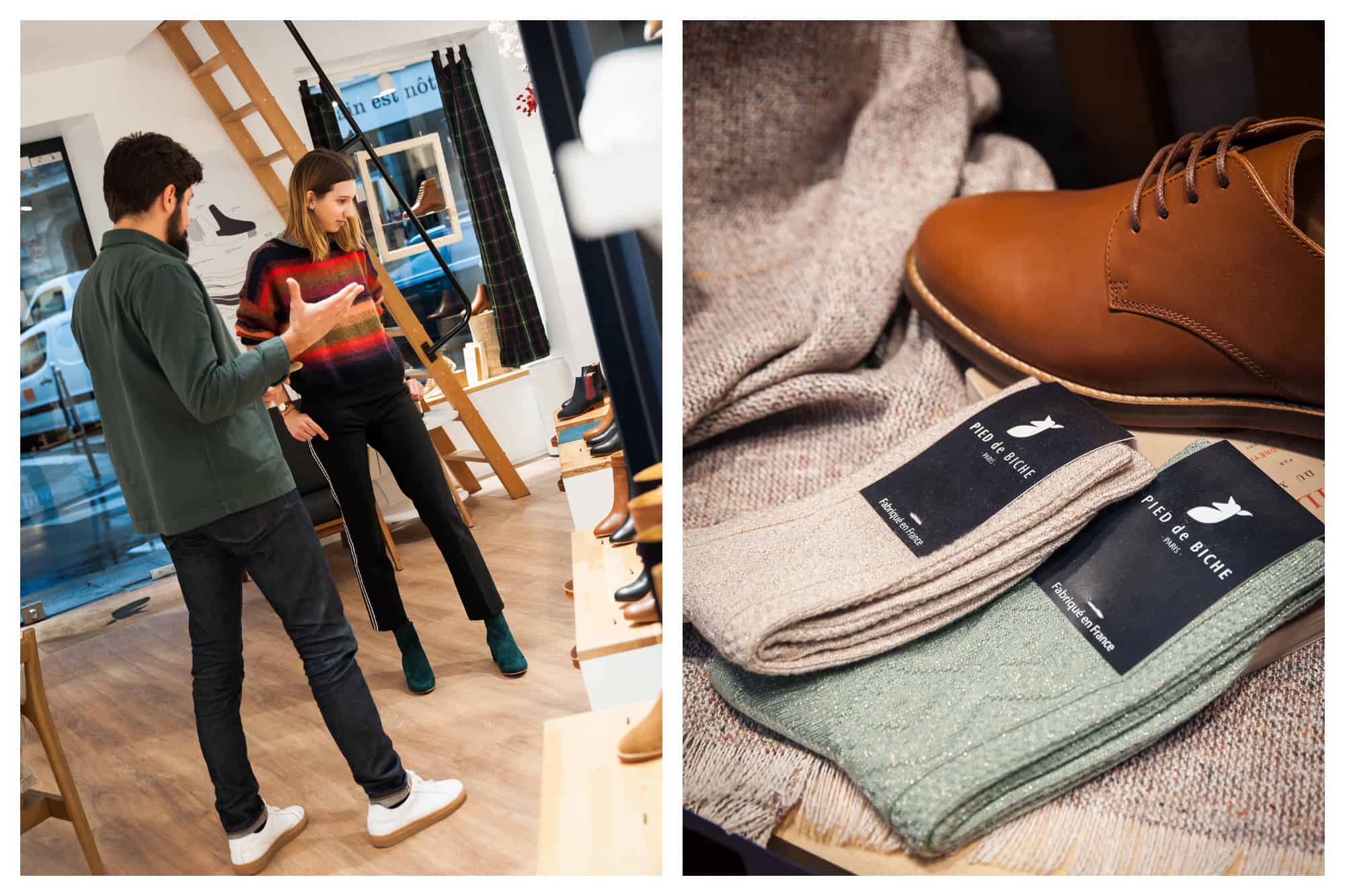 Shop attendant and customer are picking shoes out together at Pied de Biche store in Paris (left). They also have accessories like these olive green and beige socks (right).