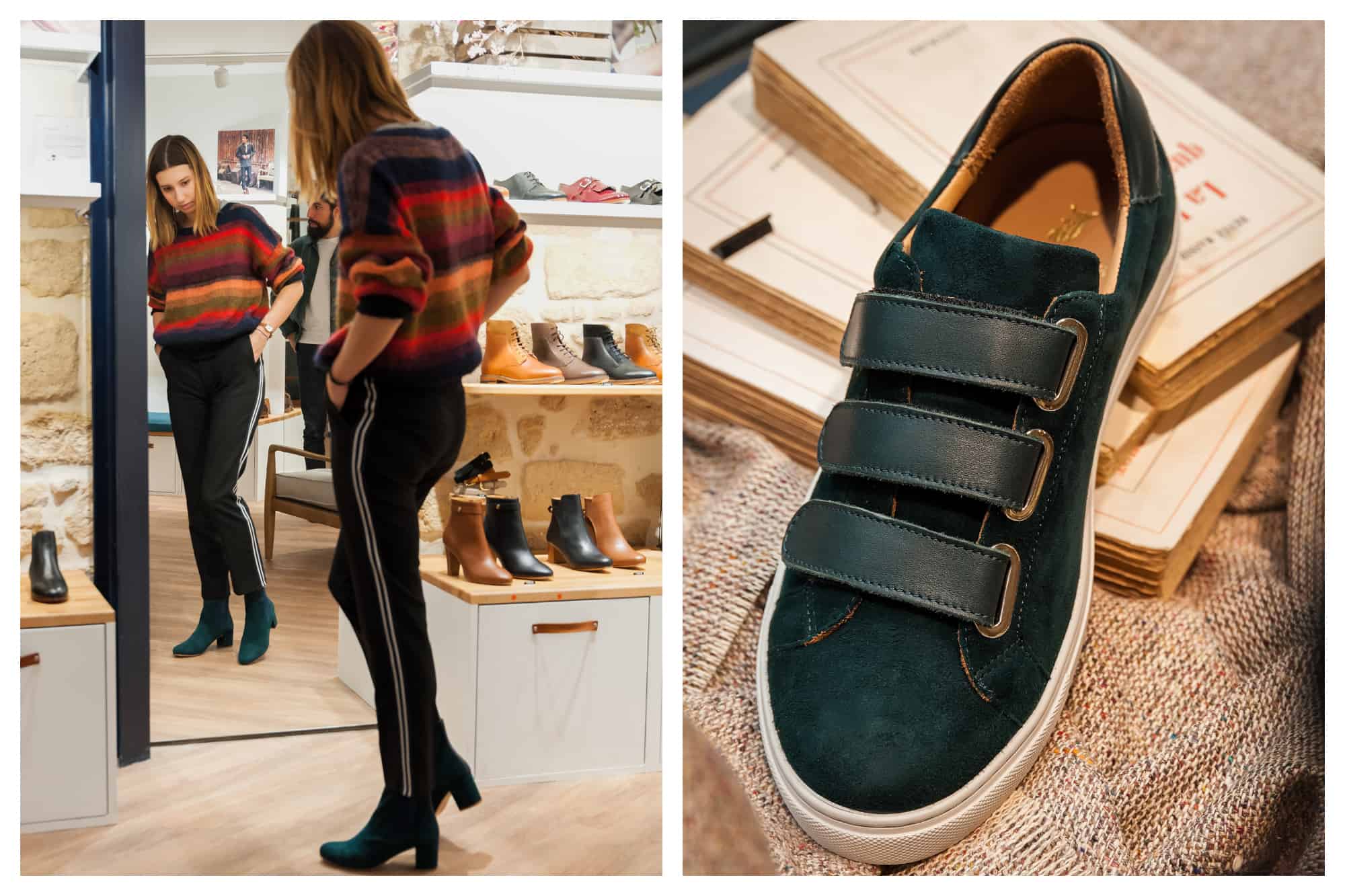 Customer trying on Pied de Biche leather ankle boots in front of the mirror (left). A Pied de Biche velcro green sneaker (right).