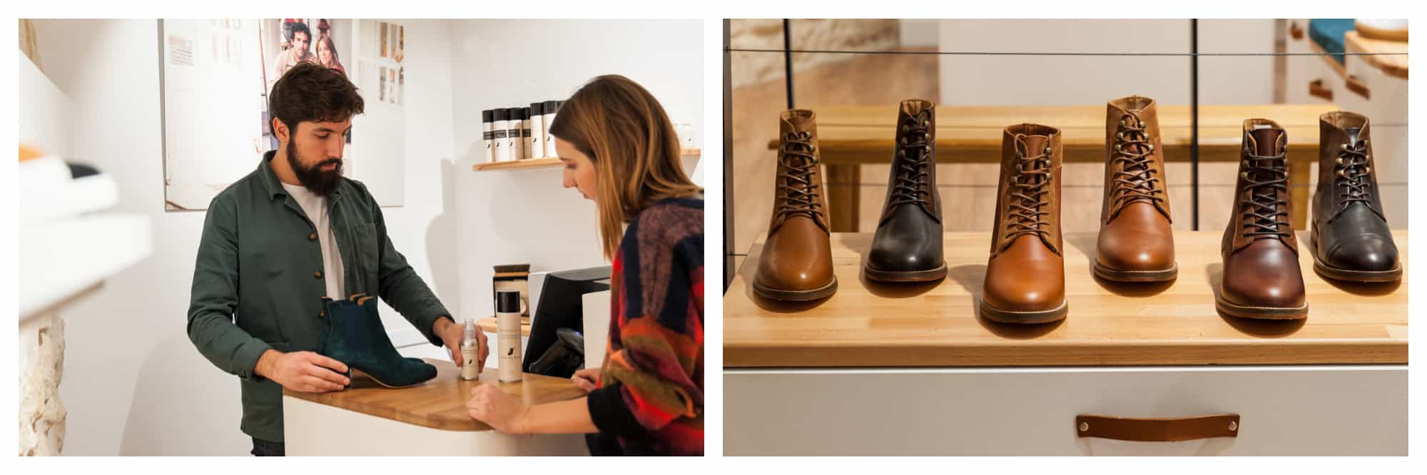 A shop assistant is putting a pair of shoes through the till for a customer (left). A row of shiny leather boots at French shoe shop Pied de Biche (right).