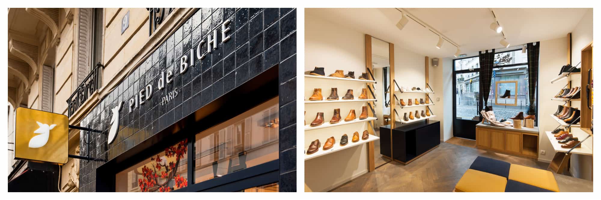 The petrol blue tiled exterior of the Pied de Biche French shoe shop in Paris (left) and the interior (right).