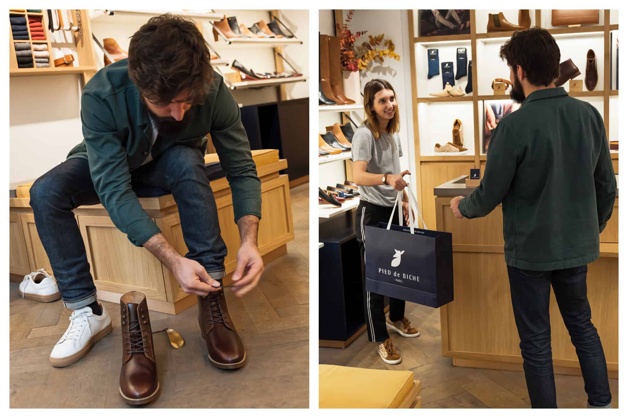 A man wearing an open green shirt trying on beautiful brown leather boots at Pied de Biche in Paris (left). Shop assistant hands customer a pair of shoes in a bag at Pied de Biche (right).