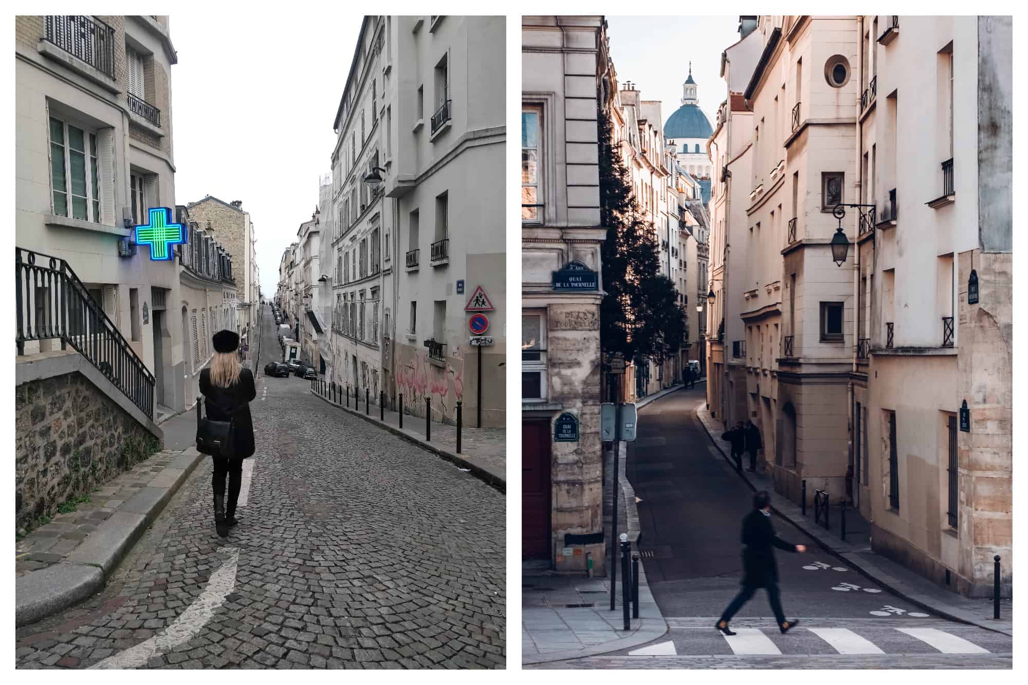 On the left: A blonde-haired woman, dressed in a classic black outfit, walks down a cobbled sweet in Paris, past a pharmacy and mural of pink flamingos. On the right: A man crosses the street in the Latin Quarter of Paris, the dome of the Pantheon visible in the background. 