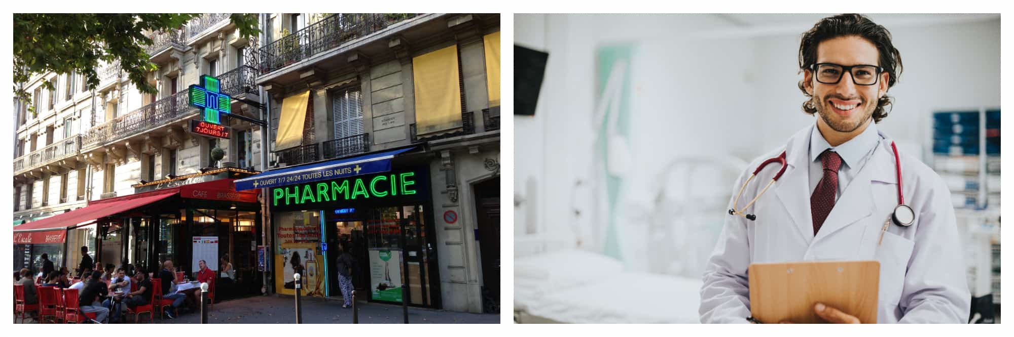 On the left: On a sunny day, a glowing green cross suspended from the first floor of a Paris apartment building signals to passerby that there is a pharmacy next to the café below. On the right: a friendly male doctor wearing thick-rimmed glasses and a stethoscope holds a clipboard, ready to welcome his patient. 