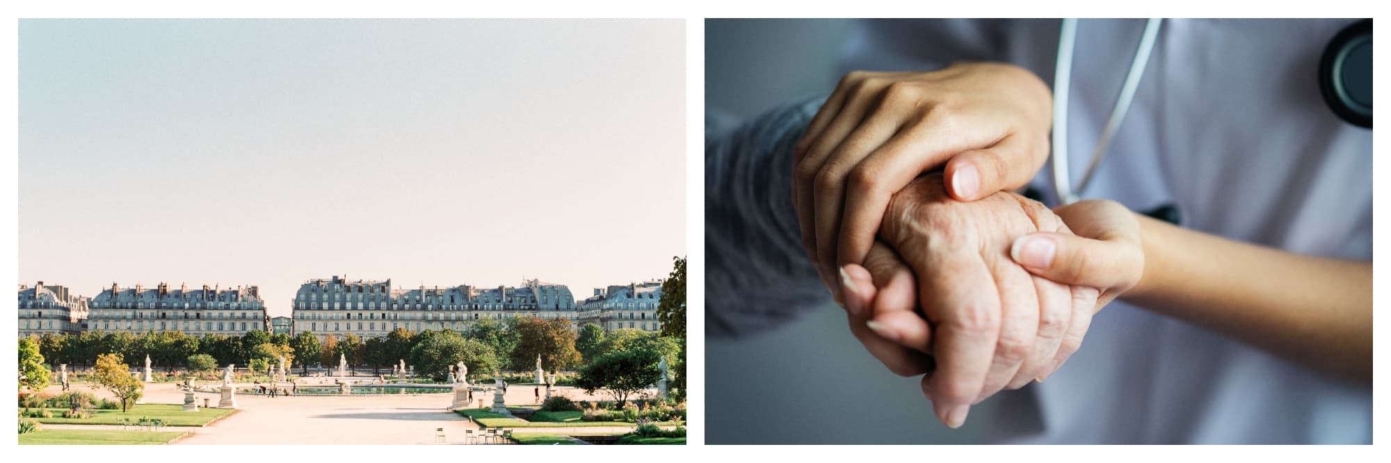 On the left: The sun illuminates the Jardin des Tuileries as people mill around the central fountain by the Louvre. On the left: A doctor gently applies pressure to a patient's hand to perform an evaluation. 