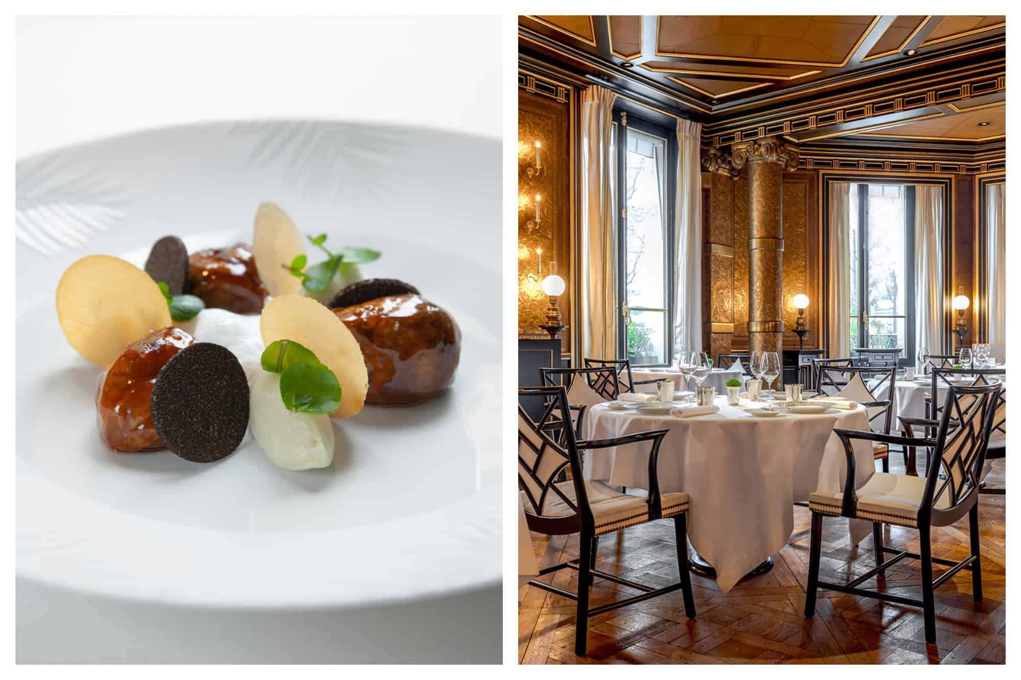 A plate of food from the restaurant Le Gabriel in Paris (left). The opulent interior of Le Gabriel, tables with white tablecloths, napkins and wine glasses, black and white Art Deco style chairs, in a room with gold walls and wood panelled roof in Art Deco style (right).