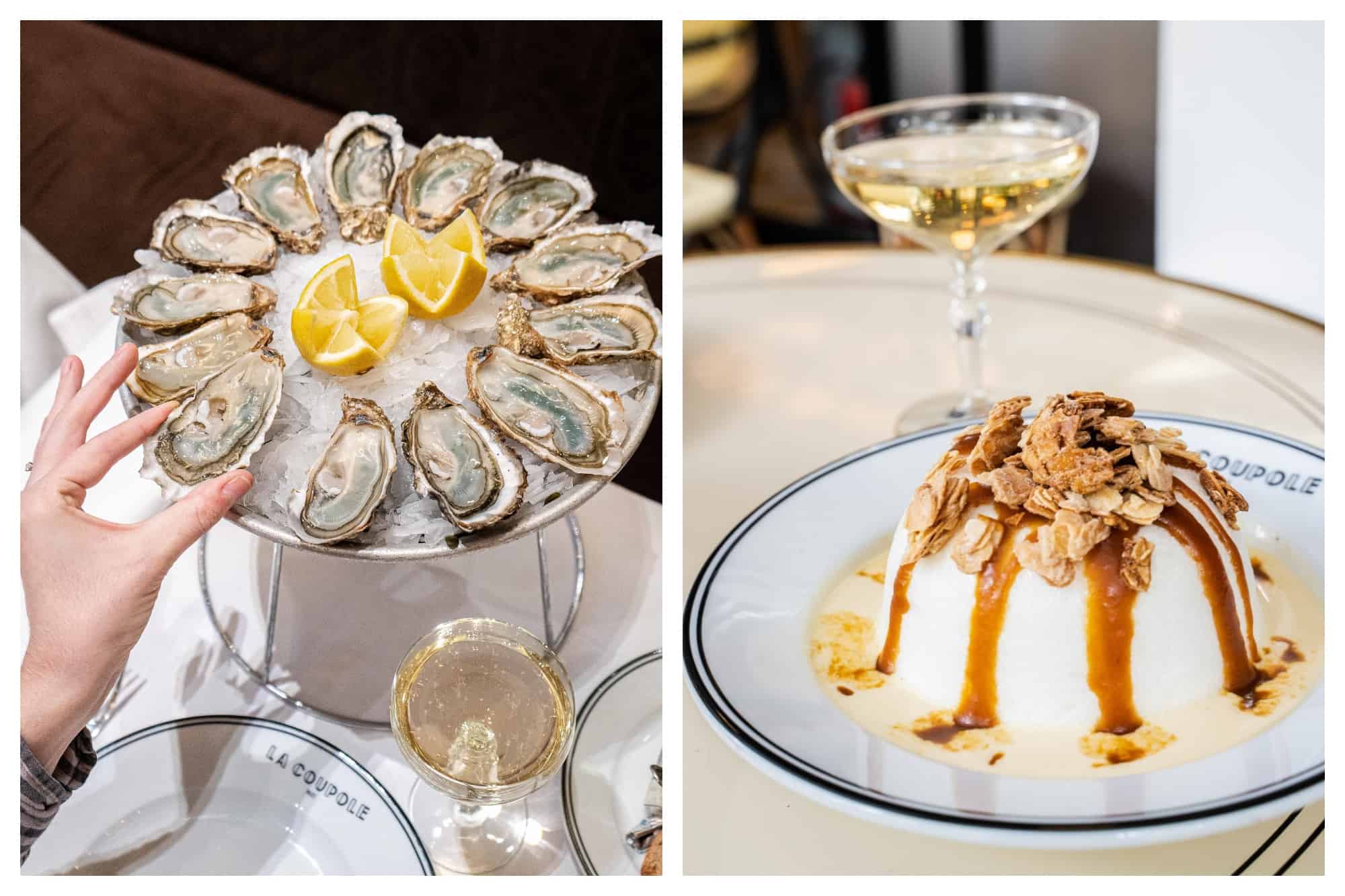 A dish of oysters served on ice with lemon in the middle, a hand is taking an oyster. A plate with the name of the restaurant, La Coupole, on it and a glass of white wine (left). A dish with the dessert Ile Flottante and the name of the restaurant, La Coupole, on it with a glass of white wine (right).