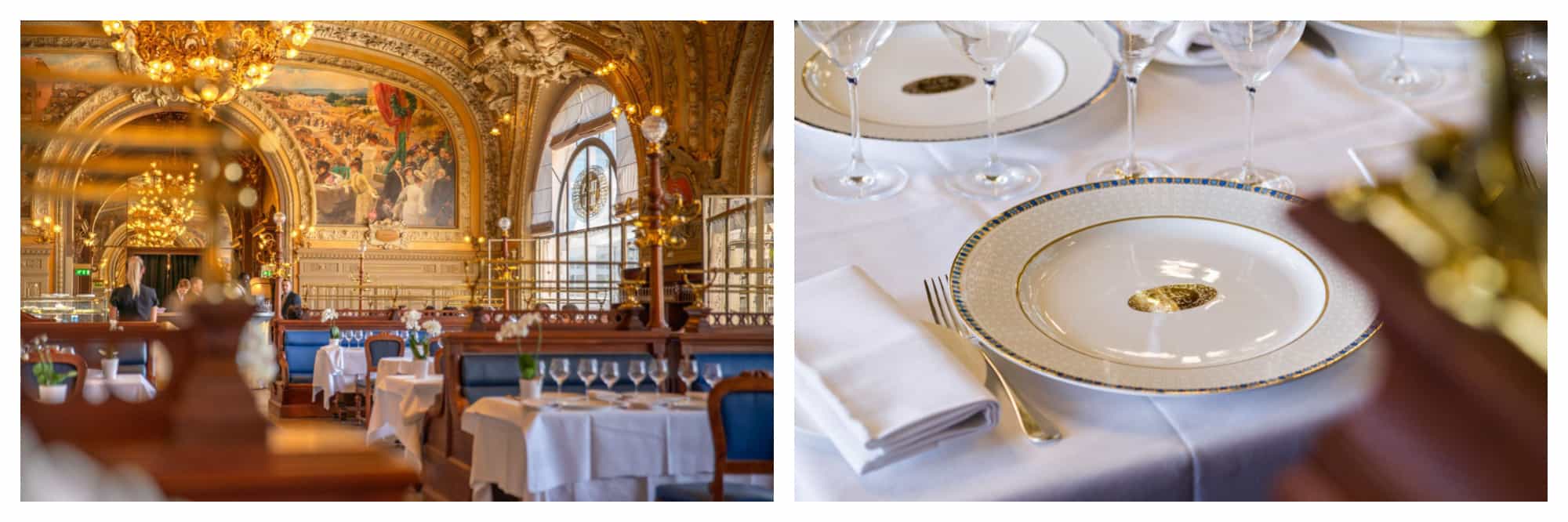The opulent interior of the restaurant Le Train Bleu in Paris, featuring painted frescos and gold chandeliers (left). A table setting at Le Train Bleu, a white tablecloth with white napkin, cutlery, wine glasses and a white plate with blue and gold detailing and the logo of the restaurant in the middle (right).
