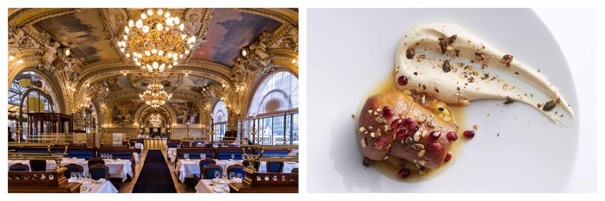 The opulent interior of the restaurant Le Train Bleu in Paris, featuring painted frescos and gold chandeliers (left). A bird's eye view of the rum baba dessert from the restaurant Fouquet's in Paris (right).
