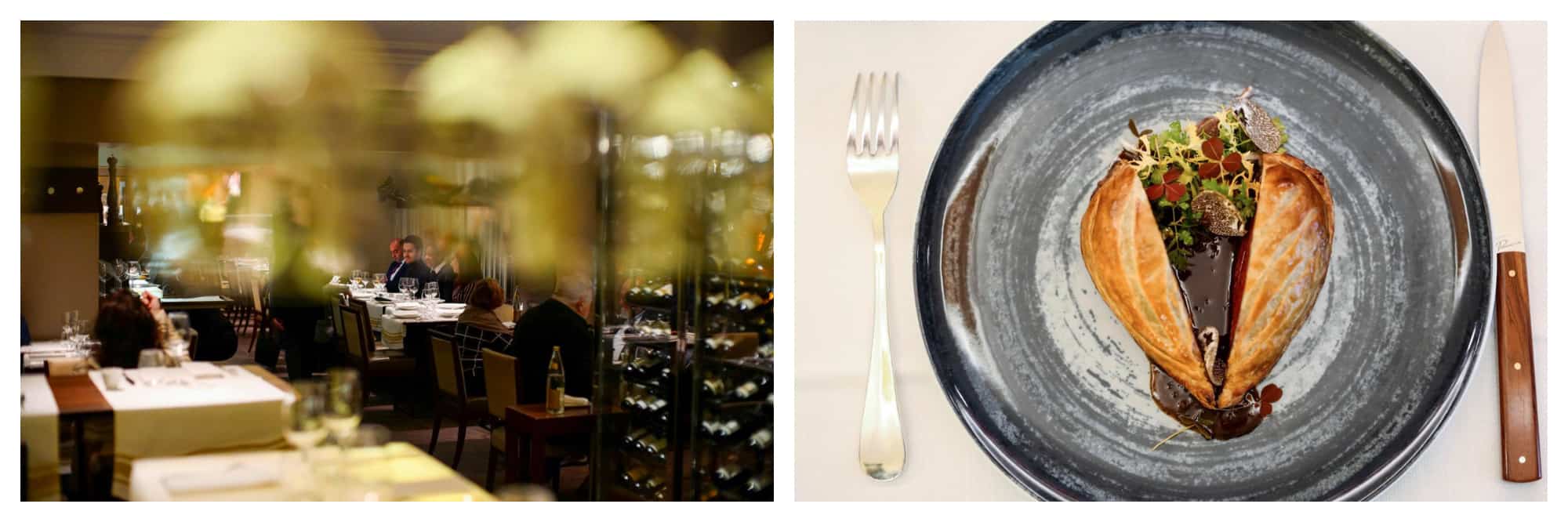 The exterior of the restaurant Le Violon d'Ingres in Paris with people sitting at tables and wine fridges (left). A bird's eye view of a grey plate with cutlery on either side, with a wellington, salad and sauce in the middle (right).