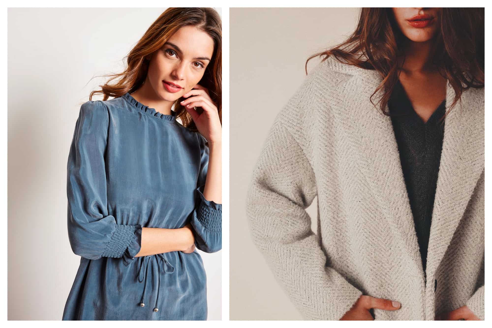 On left, a brunette model wears a satin-y blue winter dress as she looks at the camera. On right, a model sports a cozy off-white coat with a large, deep V-neck lapel and deep pockets.