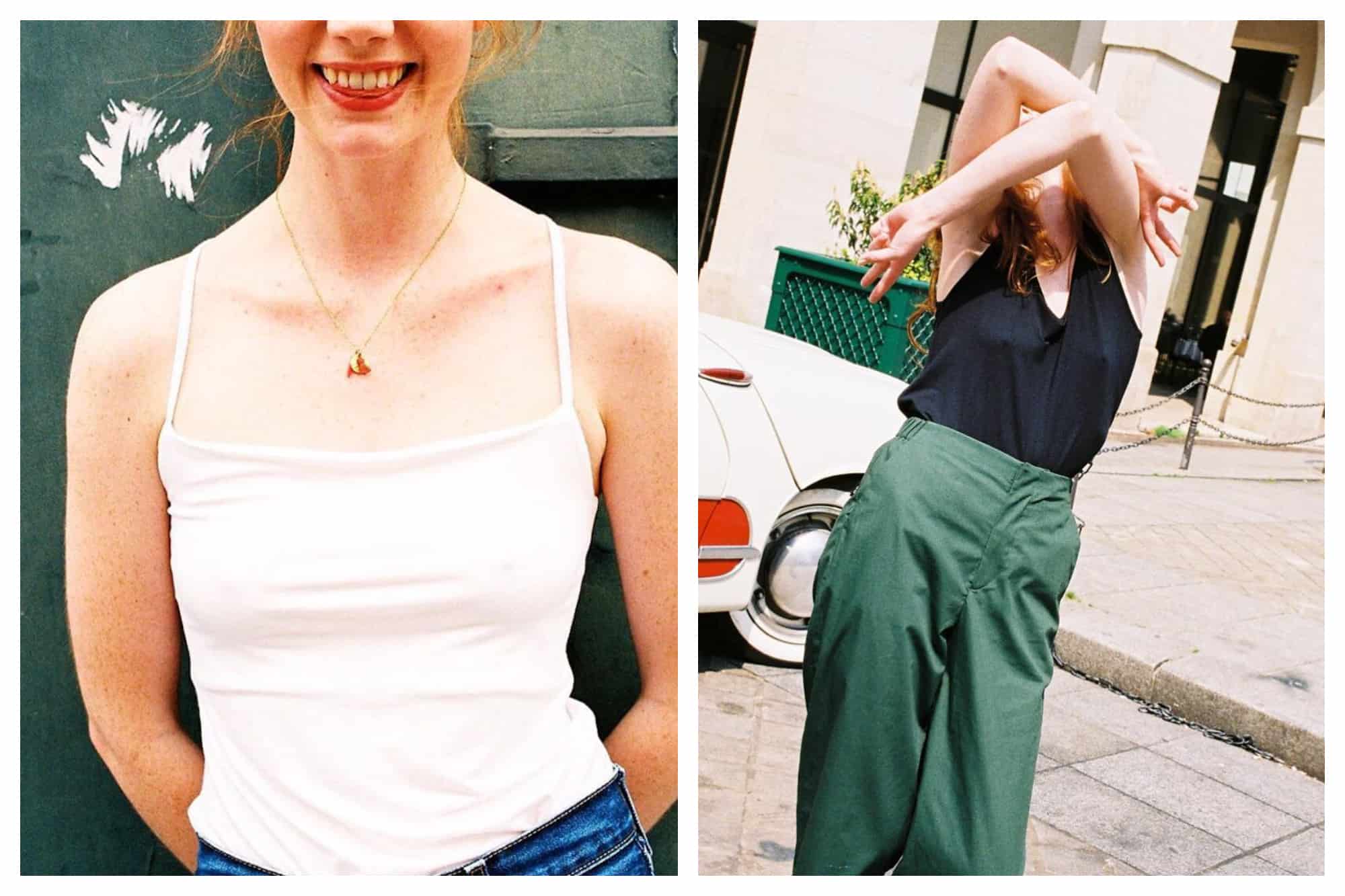 On the left: The photographer captures the model mid-laugh, her red lips parted to show her teeth. She wears a simple spaghetti-strap tank top from the ethical fashion brand Les Sublimes. On the right: A model throws up her arms in a playful manner, throwing back her head. Her black v-neck top and forest green, high-waisted pants from the fashion brand Les Sublimes move with her as she dances in the street. 