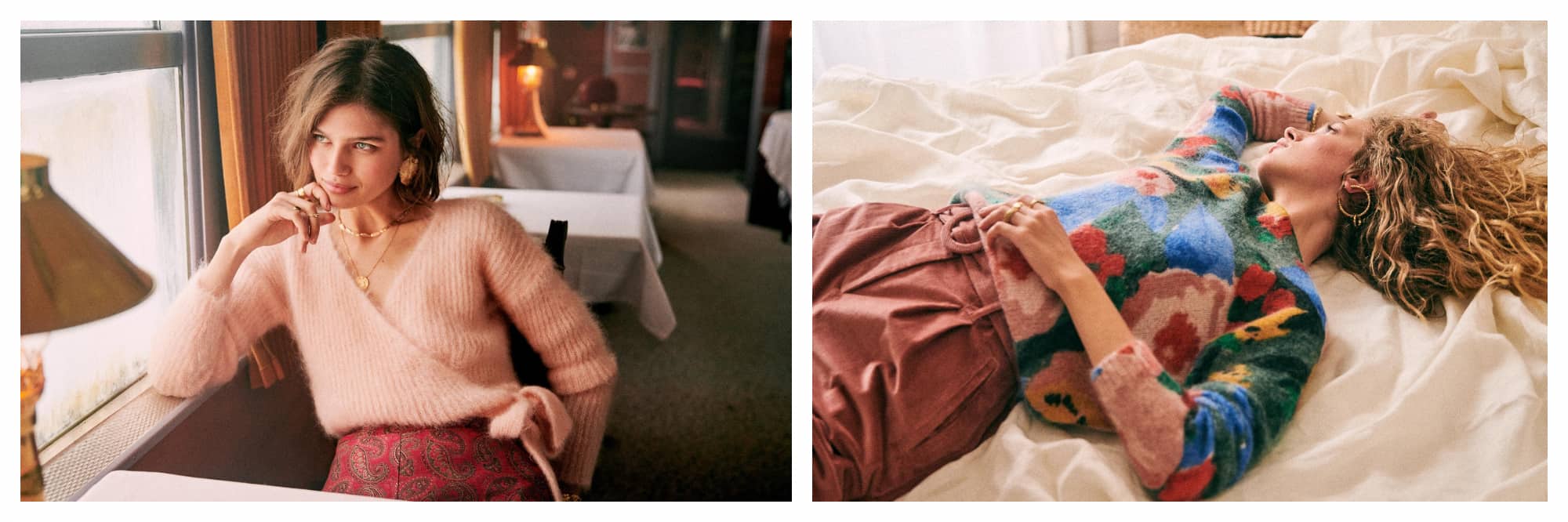 On left: a model leans back in a chair at a restaurant, looking out the window as sunlight floods her face. She wears a fuzzy, ribbed pink v-neck cardigan with three-quarter sleeves that ties in a neat bow, by the Paris-based fashion brand Séazne. On right: a model lays on an unmade bed as sunlight spills in through the window. She is wearing a floral-patterned sweater with large swatches of dusty rose, deep green, and dark blue. Complimenting the roses are her paper-bag style high-waisted pants with a statement belt buckle. Both pieces are by the Paris-based fashion brand Sézane.