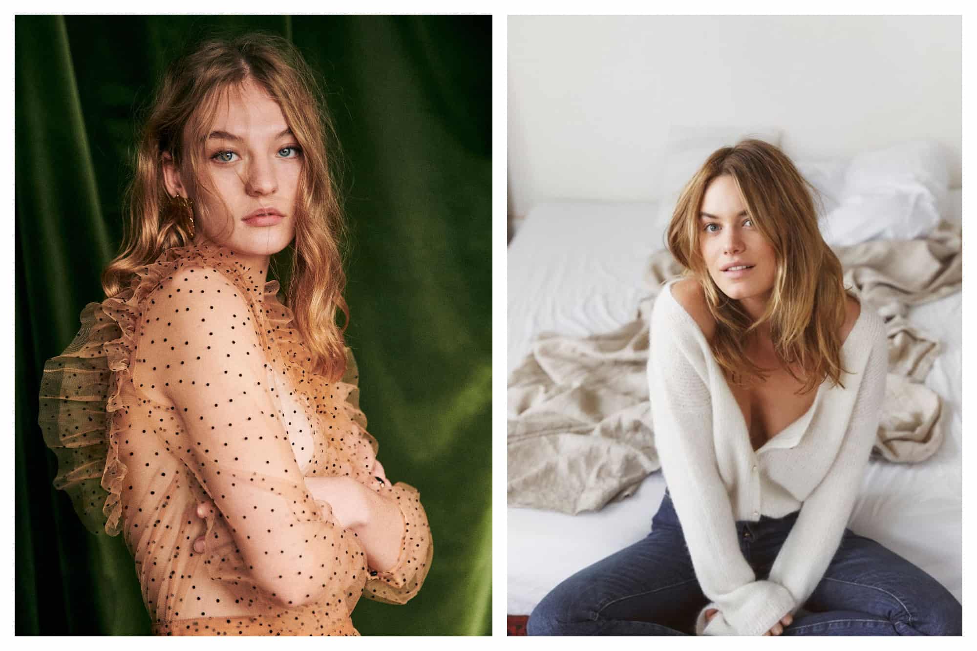 On left: A blond mondel stares piercingly at the camera, arms folded and turned away. She wears a textured tulle shirt, sheer with long-sleeves, and a polk-a-dot detail and ruffles along the shoulders, by the Paris fashion brand Sézane. On right: A model smiles at the camera while sitting on a bed, crumpled sheets behind her. She wears jeans and just an off-the-shoulder cardigan with extra long sleeves by the Paris fashion brad Suzanne. 