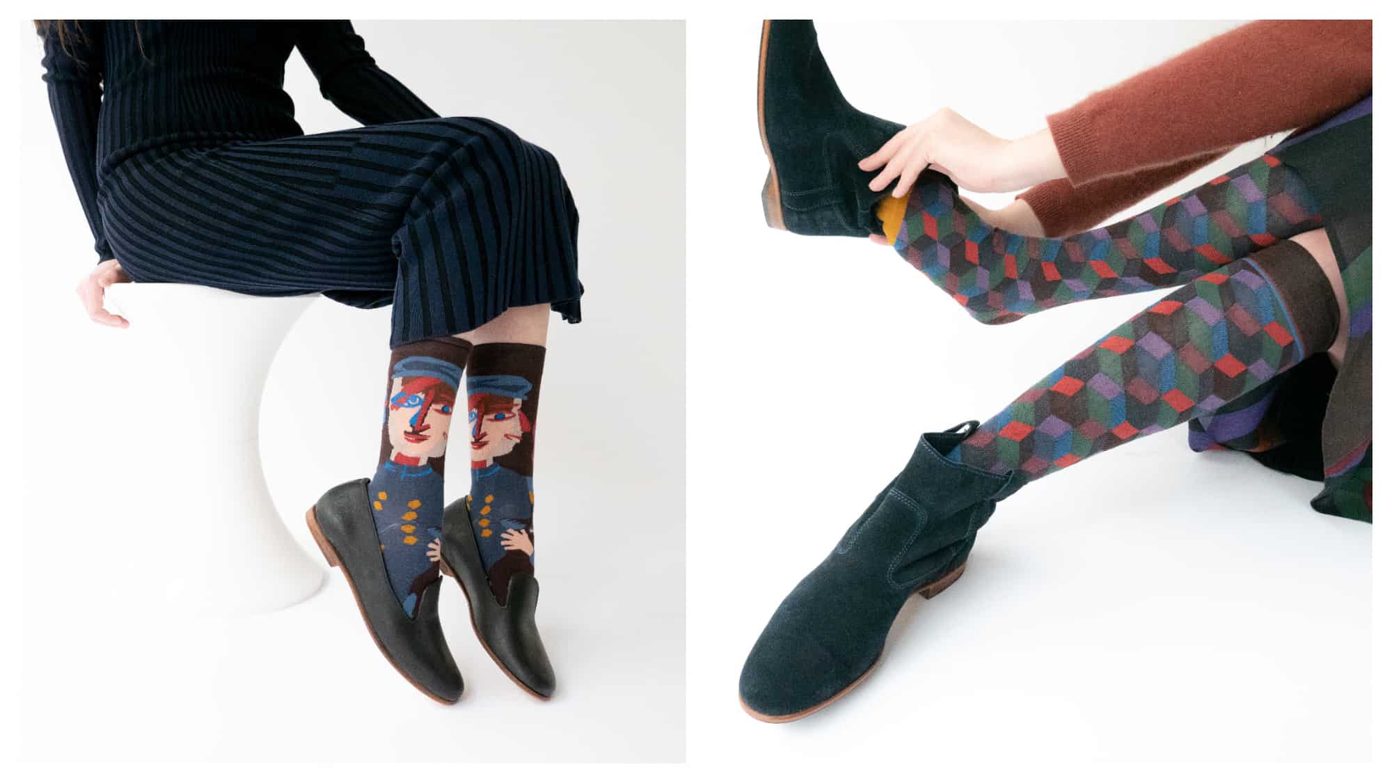 On the left and right are shots of women dressed in a mid length skirts and flat shoes, wearing eclectic socks from Bonne Maison.