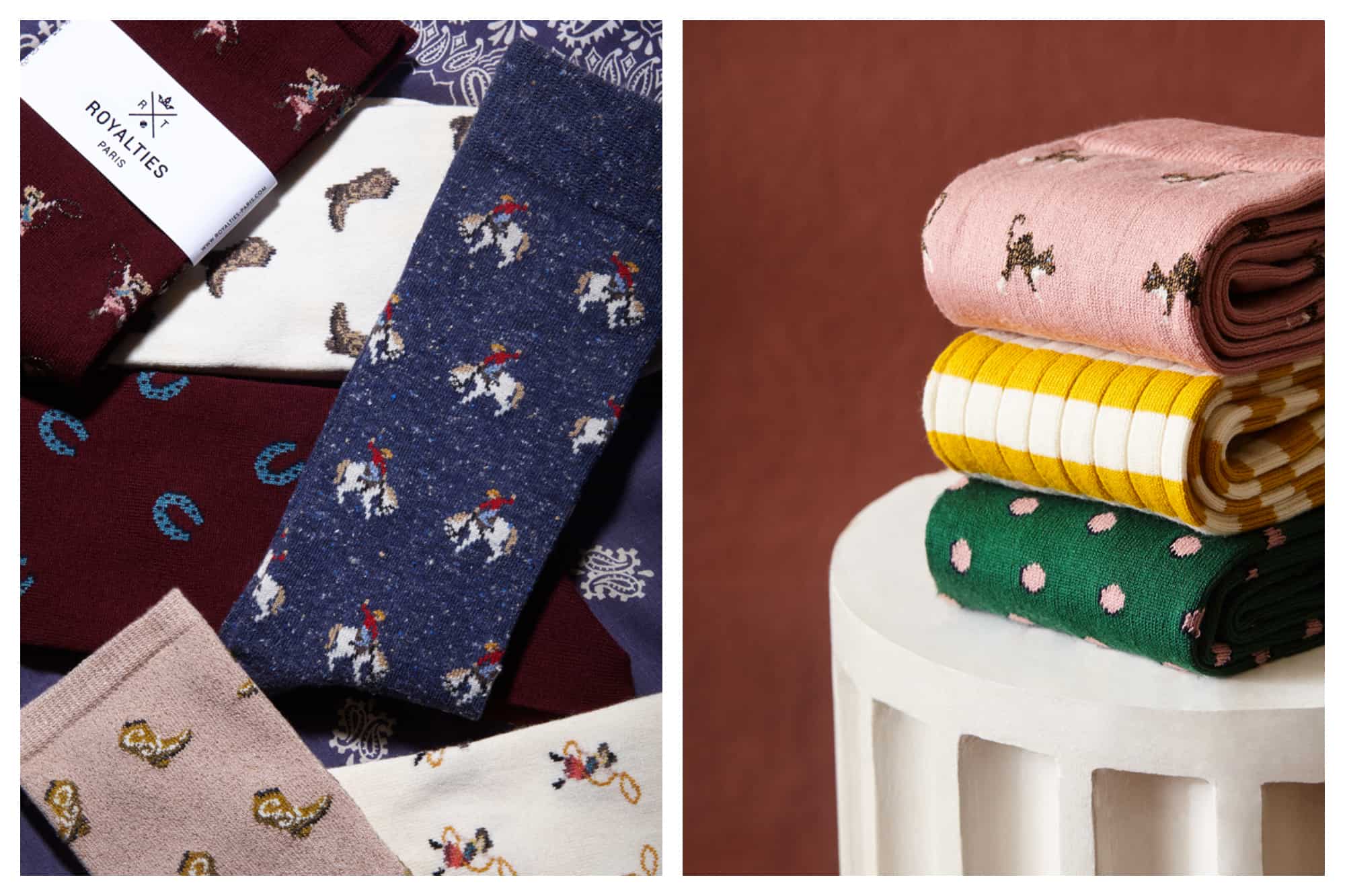 On the left are several pairs of Royalties socks in blue, burgundy, white and pink with assorted patterns. On the right are fold stacks of colourful socks from the Parisian store Royalties in pink, yellow and white and green and pink.