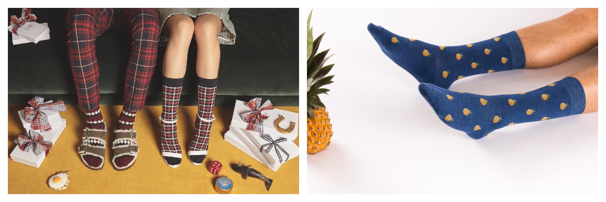 On the left there are two sets of legs depicting two people sitting down, wearing Christmas socks - one dressed in plaid trousers and one in a short skirt, both surrounded by Christmas presents and various items. On the right is a set of bare male legs from the knee down, reclining on the floor with blue socks decorated with little pineapples on them. There is a pineapple just next to the person's feet.